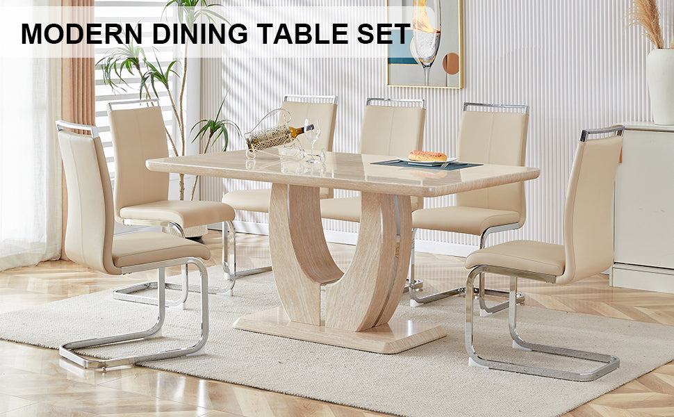 Table And Chair Set.Modern Minimalist Luxury Mdf Rectangular Dining Table With Light Yellow Textured Stickers On The Table, 6 Pu Synthetic Leather High Backrest Soft Cushioned Side Chairs. Light Yellow Seats 6 Mdf