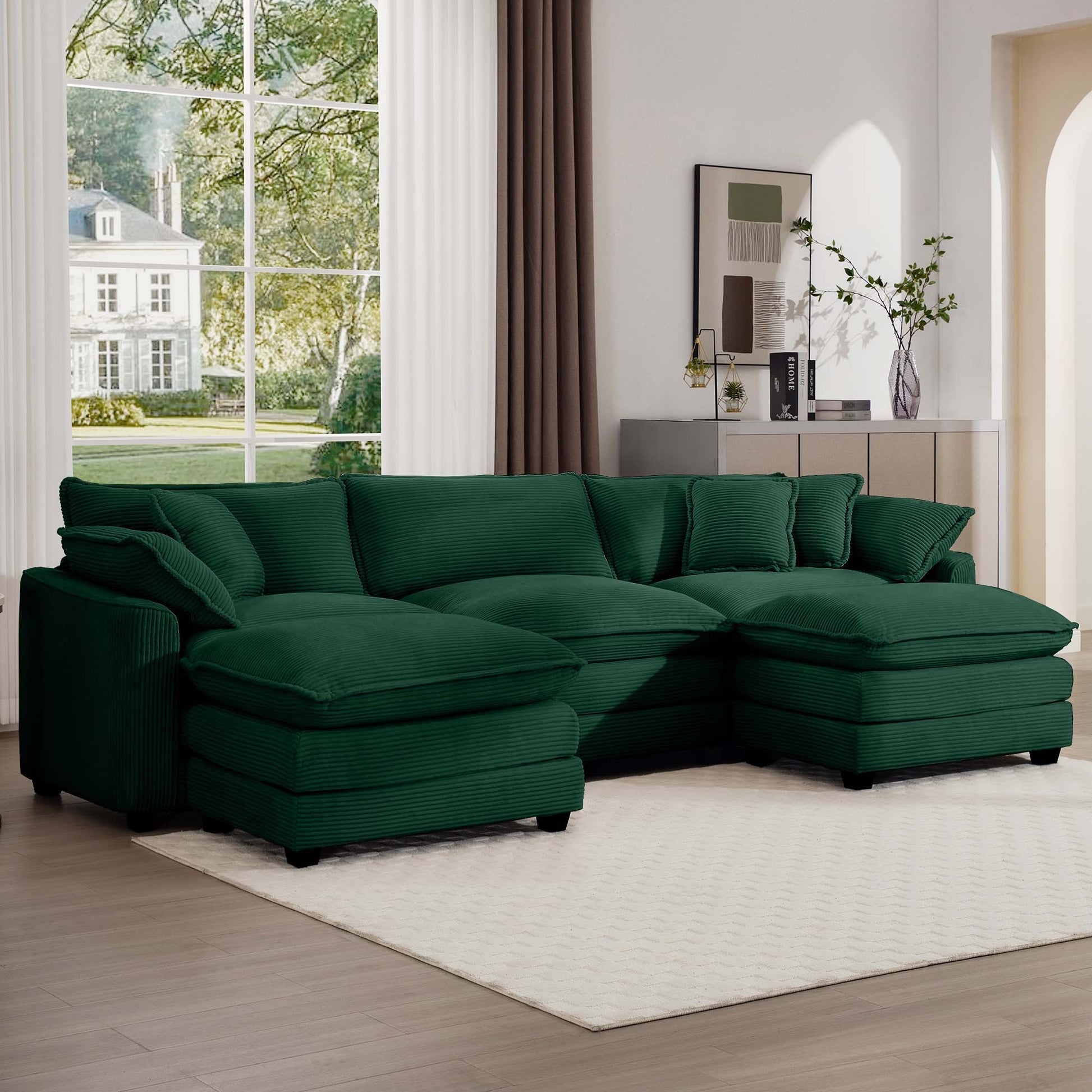 Oversized Modular Cushion Sofa, Portable Ottoman, L Shaped Corner Low Back Deep Seating Spacious Sofa Set And Sofa Bed For Home Apartment Living Room Set, Green Corduroy Green Corduroy 3 Seat