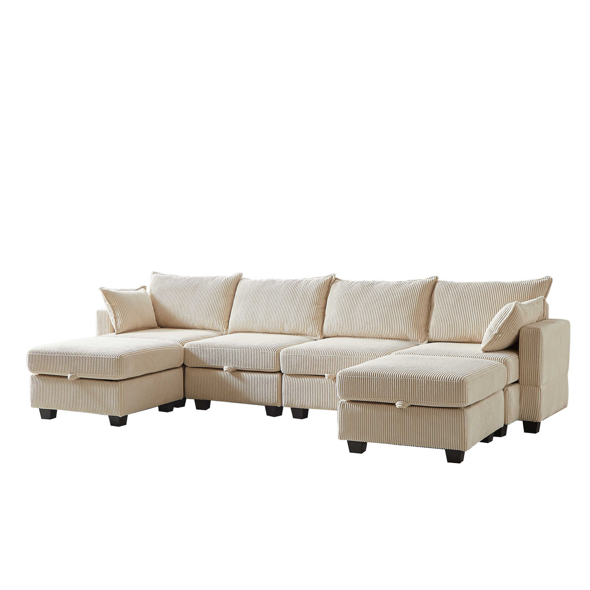 113.5'' Modular Sectiona Corduroy Sofa, Sectional Couches For Living Room U Shaped Sectional Couch With Storage Ottoman, 6 Seats Convertible Sectionals With Chaise Beige Corduroy 3 Seat