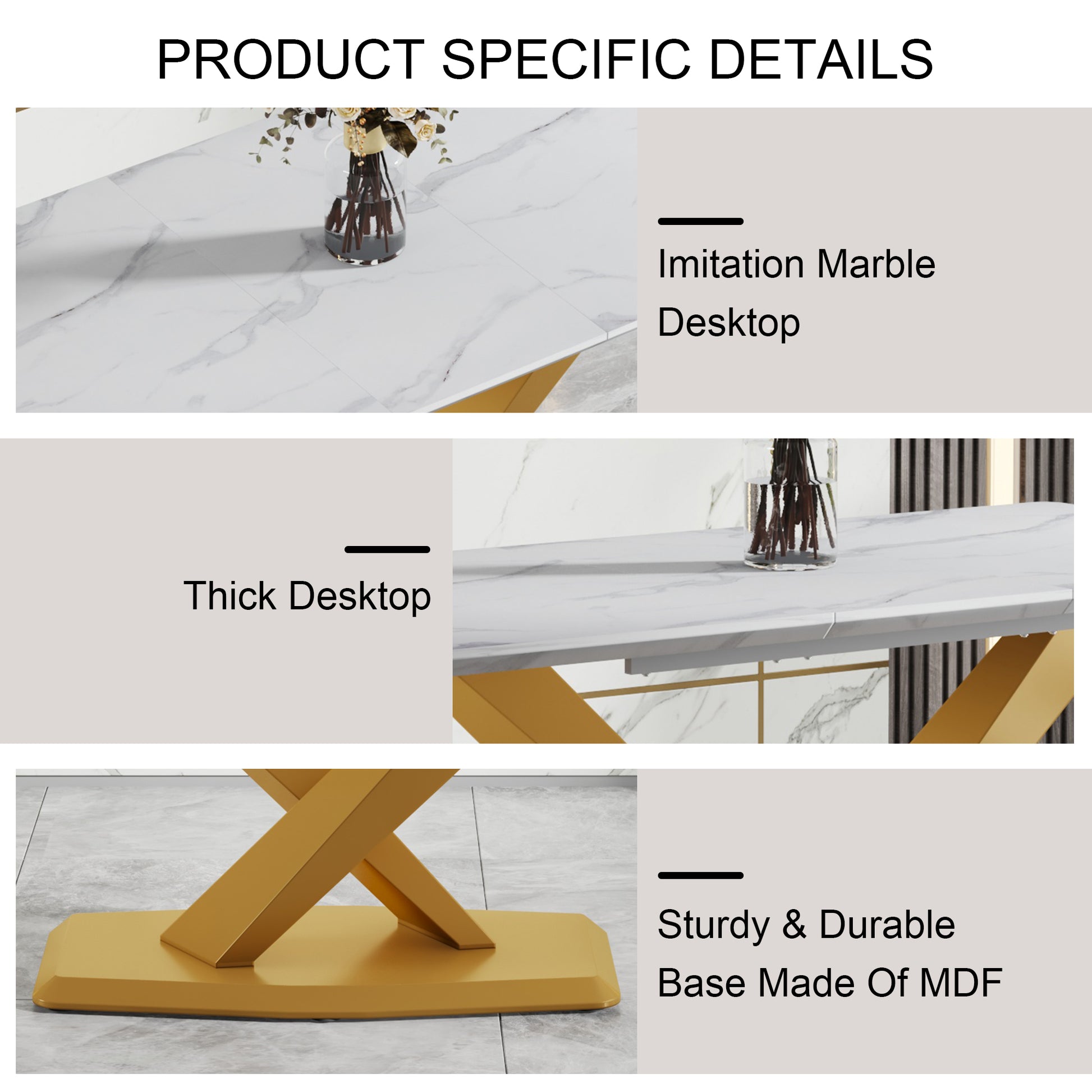 Table And Chair Set,Large Modern Minimalist Rectangular White Imitation Marble Dining Table With Mdf Top And Golden Legs,Dining Chairs,Gold Legged Upholstered Chairs Made Of Artificial Leather. Black Gold Seats 4 Mdf