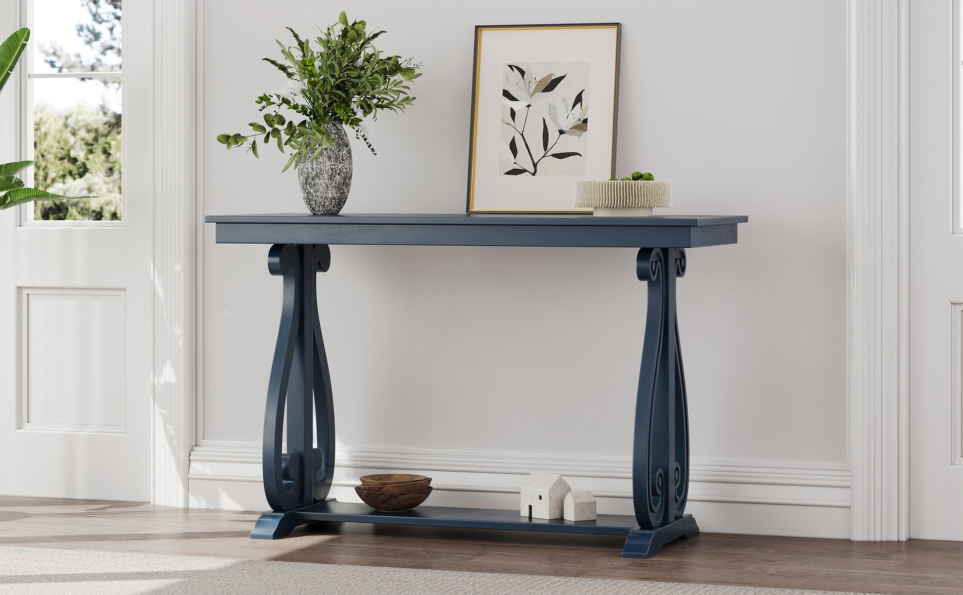 48 Inch Rustic Vintage Console Tablefarmhouse Style Entryway Table With Open Shelf And Sturdy Construction For Entryway And Living Room Navy Navy Distressed Finish Primary Living Space Antique,Rustic,Vintage Open Storage Console Tables Brushed
