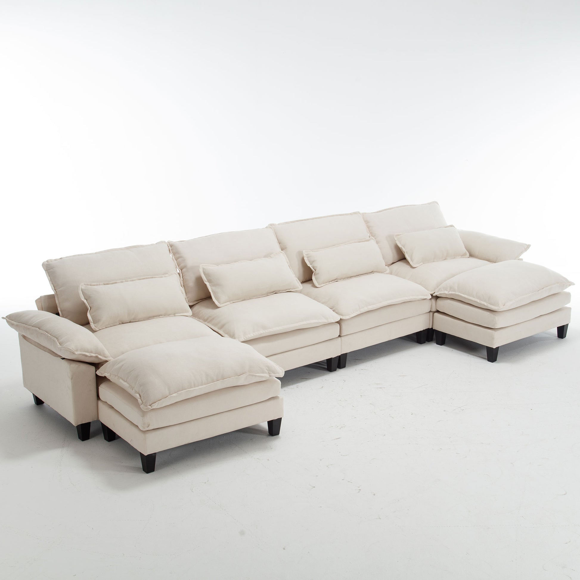 154.8" Oversized Modular Sofaice Velvet Large U Shaped Couch Comfy Upholstered 4 Seat Sofa With 2 Ottoman, 4 Lumbar Pillow, Deep Seat Couch For Living Room Beige Wood Primary Living Space Modern Foam Polyester 6 Seat