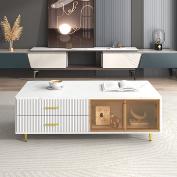 Modern White Coffee Table With 2 Glass Door Storage, 4 Drawers, Gold Metal Legs, And Multi Color Lighting In 47.2'' White Drawers Mdf