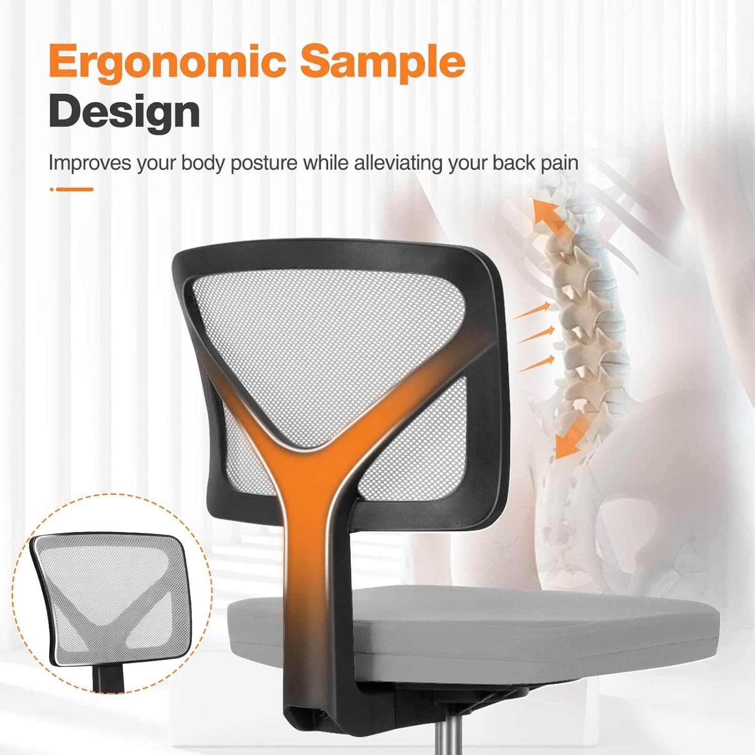 Low Back Mesh Armless Office Chair,Swivel Rolling Computer Chair No Arms With Lumbar Support, Grey Grey Metal