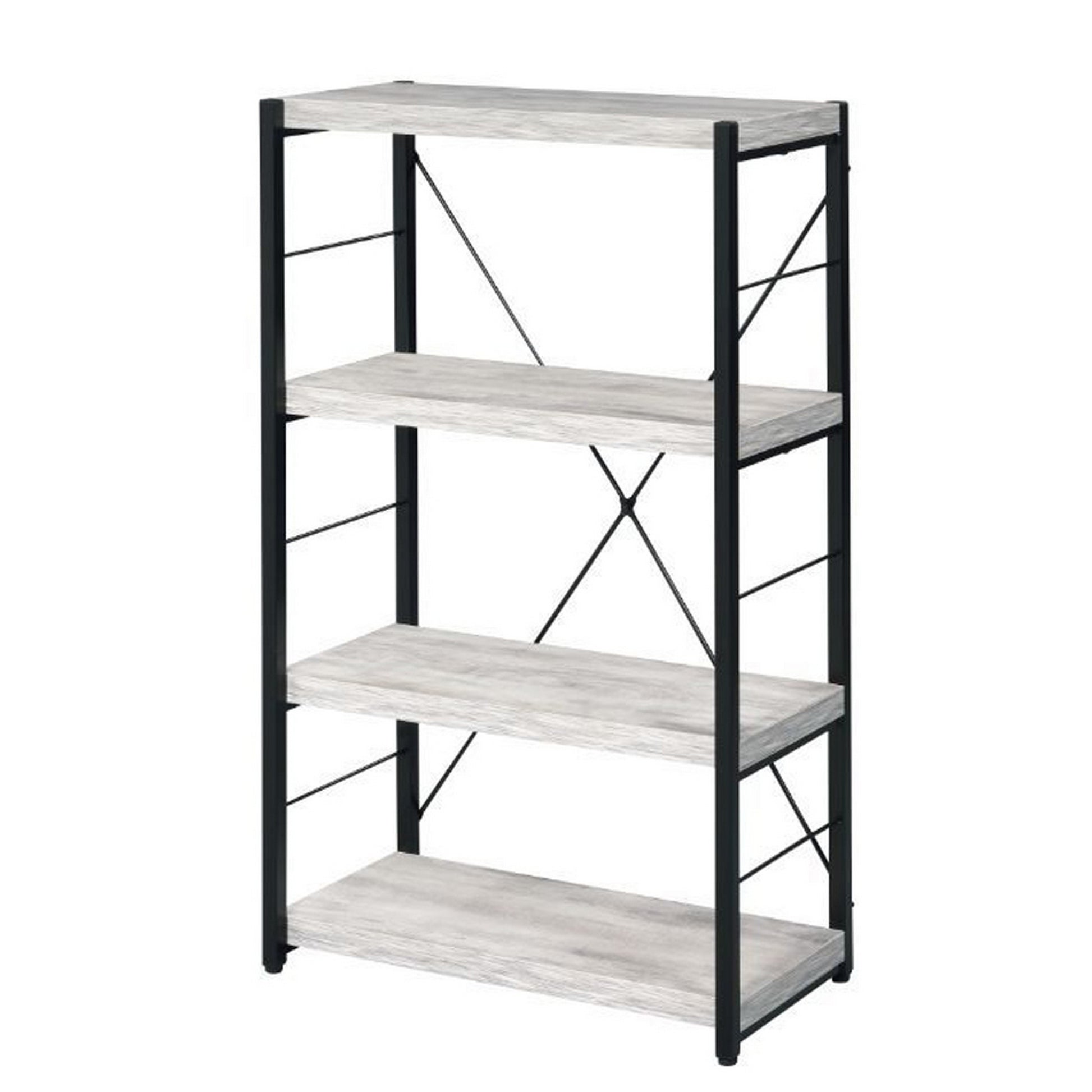 Industrial Bookshelf With 4 Shelves And Open Metal Frame, White And Black White Black Solid Wood