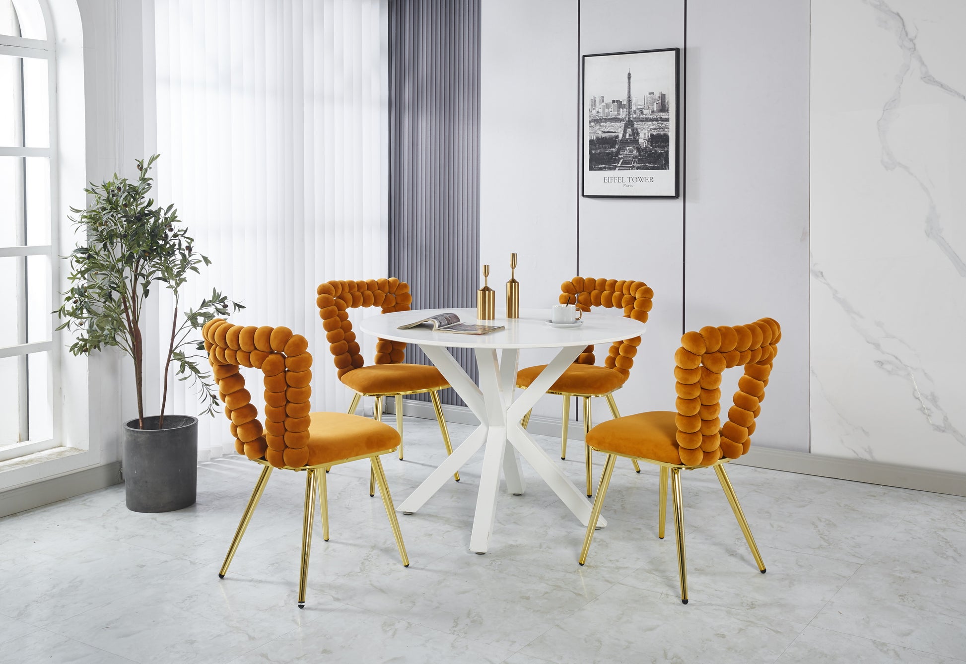 Orange And Gold Modern Chair Set Of 2 With Iron Tube Legs, Soft Cushions And Comfortable Backrest, Suitable For Dining Room, Living Room, Cafe,Hairball Back Orange Fabric