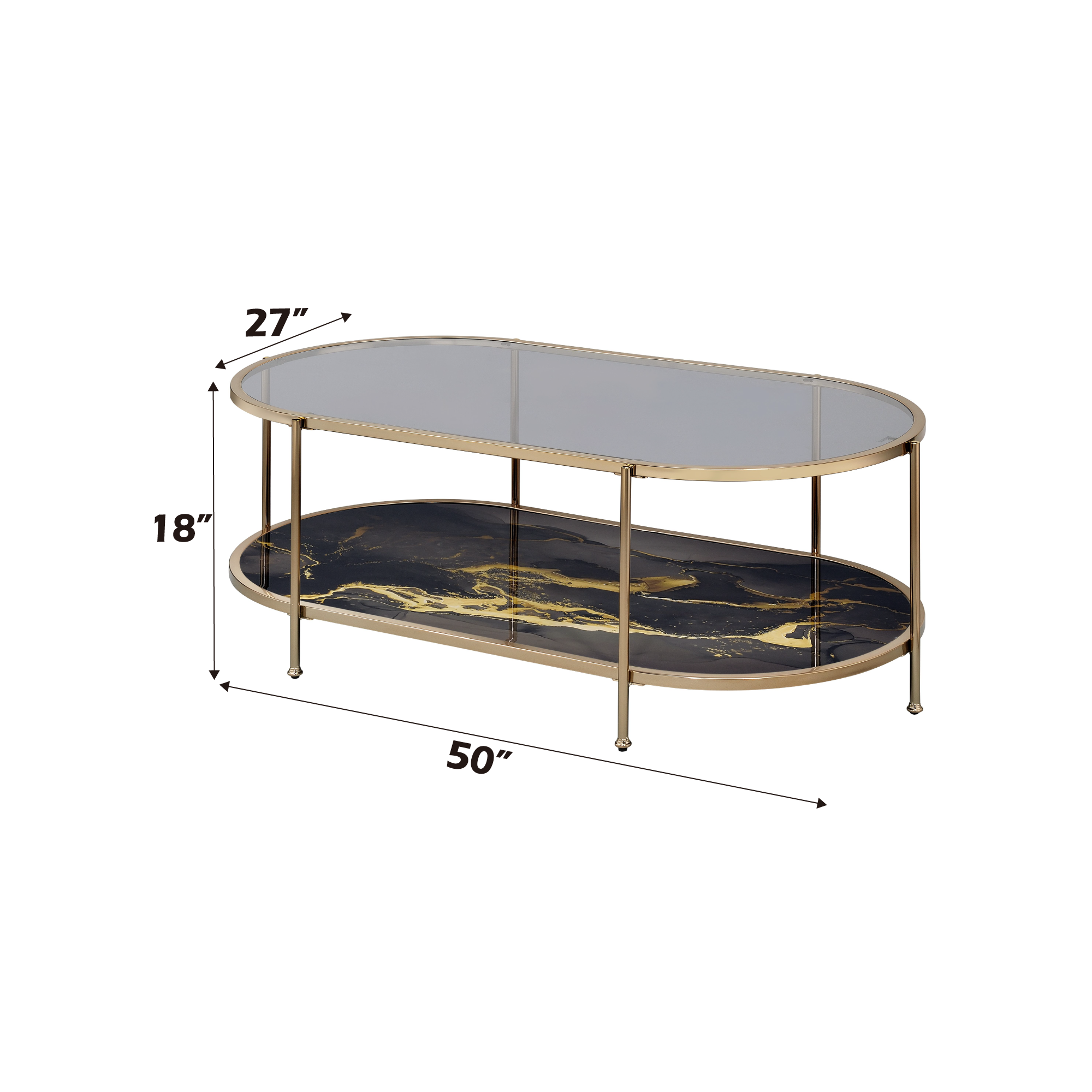 Fiorella Coffee Table, Glass, Black Marble Paint & Gold Finish Lv02222 Gold Metal