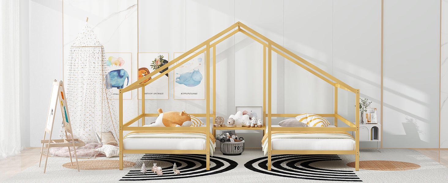 Metal Double Twin Size Triangular House Beds With Built In Table, Gold Box Spring Not Required Twin Gold Metal Metal