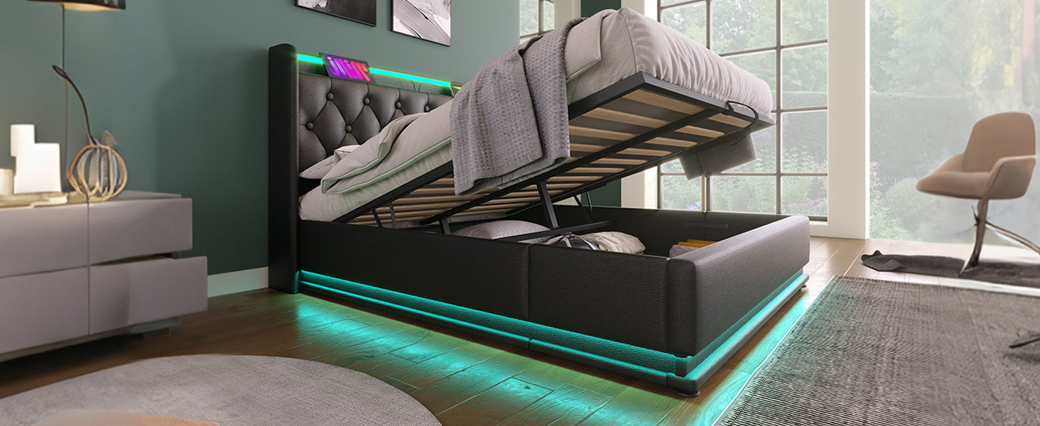 Queen Size Upholstered Bed, 360 Surround Led Function, Buttons Apps Remote Control, Hydraulic Storage Bed With Usb Type C Charging, Black,Pu Without Mattress Queen Black Pu