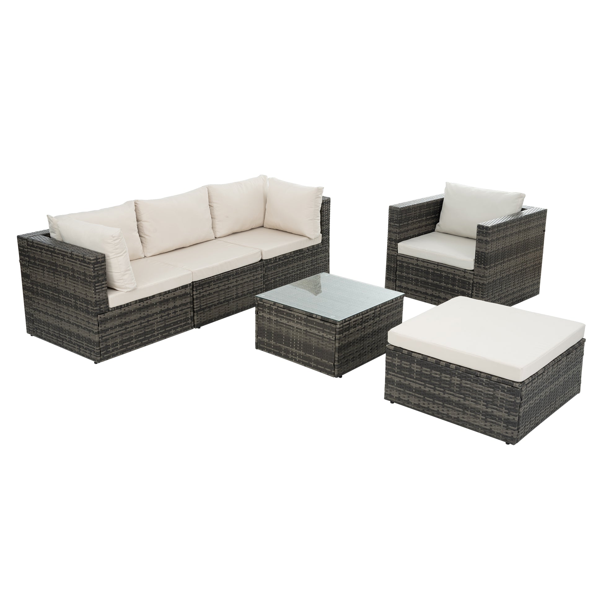 Patio Furniture, Outdoor Furniture, Seasonal Pe Wicker Furniture, 6 Set Wicker Furniture With Tempered Glass Coffee Table Dark Gray Seats 4 Pe Rattan Iron Waterproof Fabric