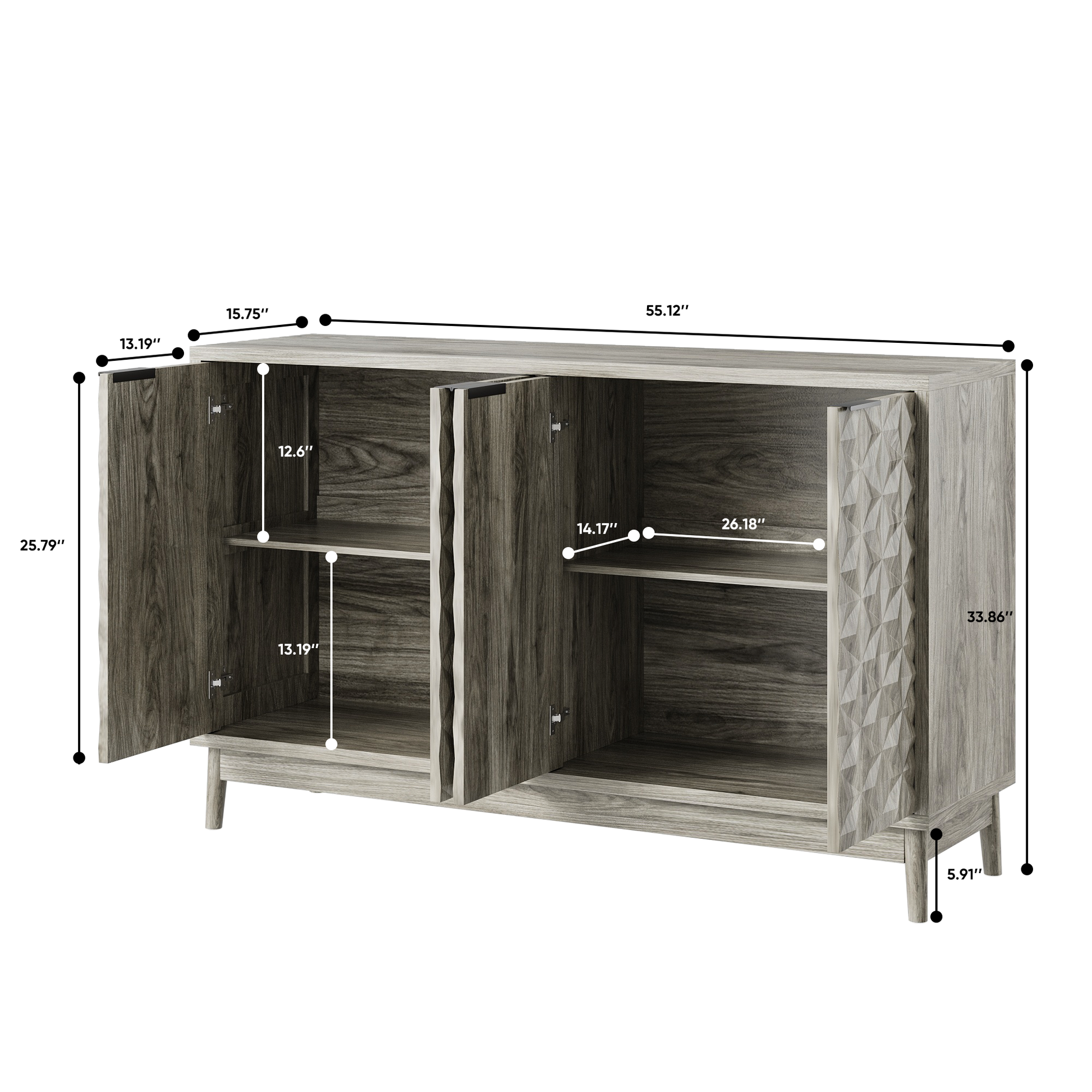 Modern Style Buffet Cabinet,Sideboard Buffet Cabinet With Storage,Storage Cabinet With 4 Diamond Shaped Relief Doors For Living Room,Dining Room,Entryway,Hallway,Kitchen,Grey Gray Gray Dining Room