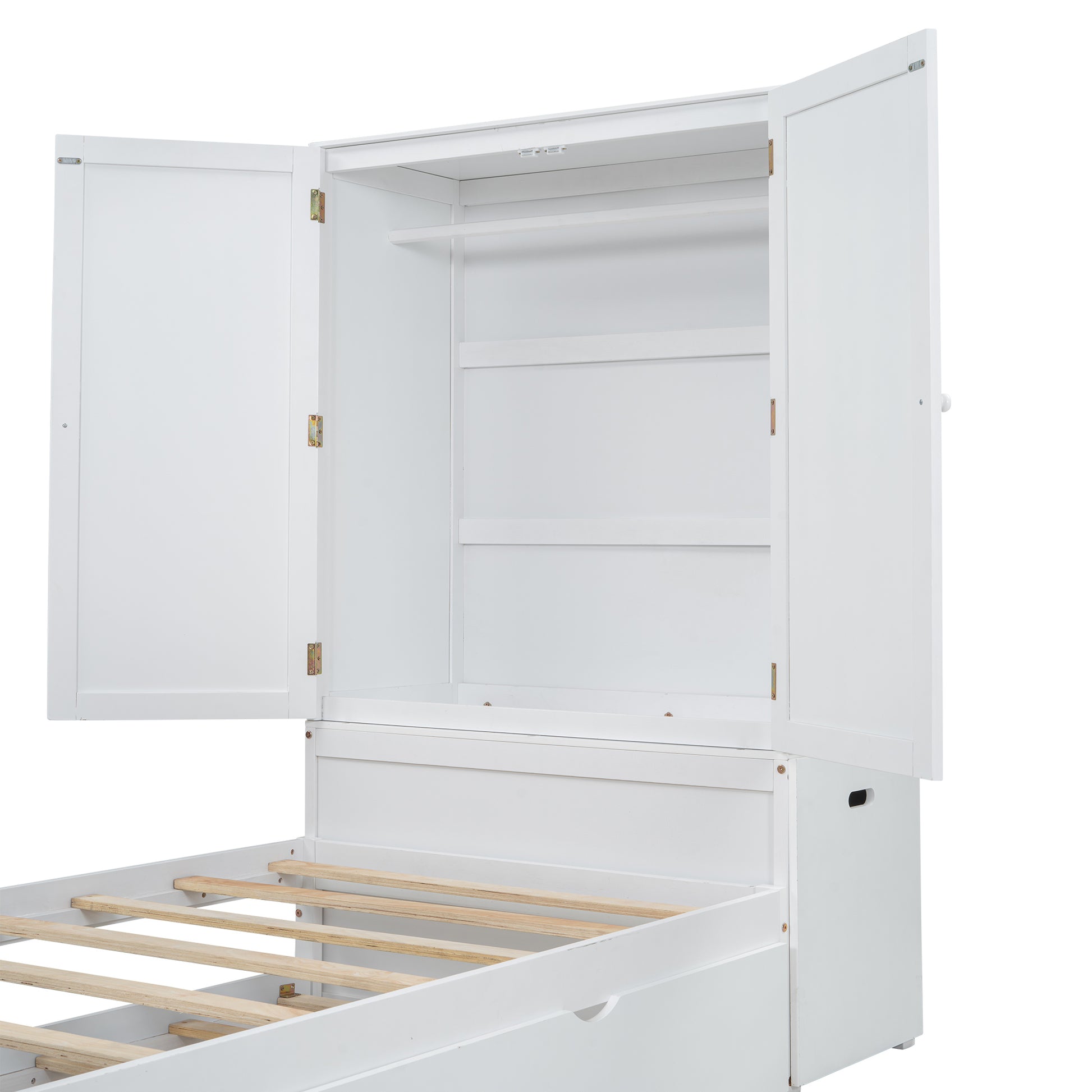 Twin Size Platform Bed With Storage Headboard And Footboard, Pull Out Shelves And Twin Size Trundle, White Box Spring Not Required Twin White Wood Bedroom Bed Frame Solid Wood Mdf