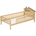 Twin Size Wood Platform Bed With House Shaped Headboard, Led And Built In Storage, Natural Box Spring Not Required Twin Natural Wood Bedroom Bed Frame Wood