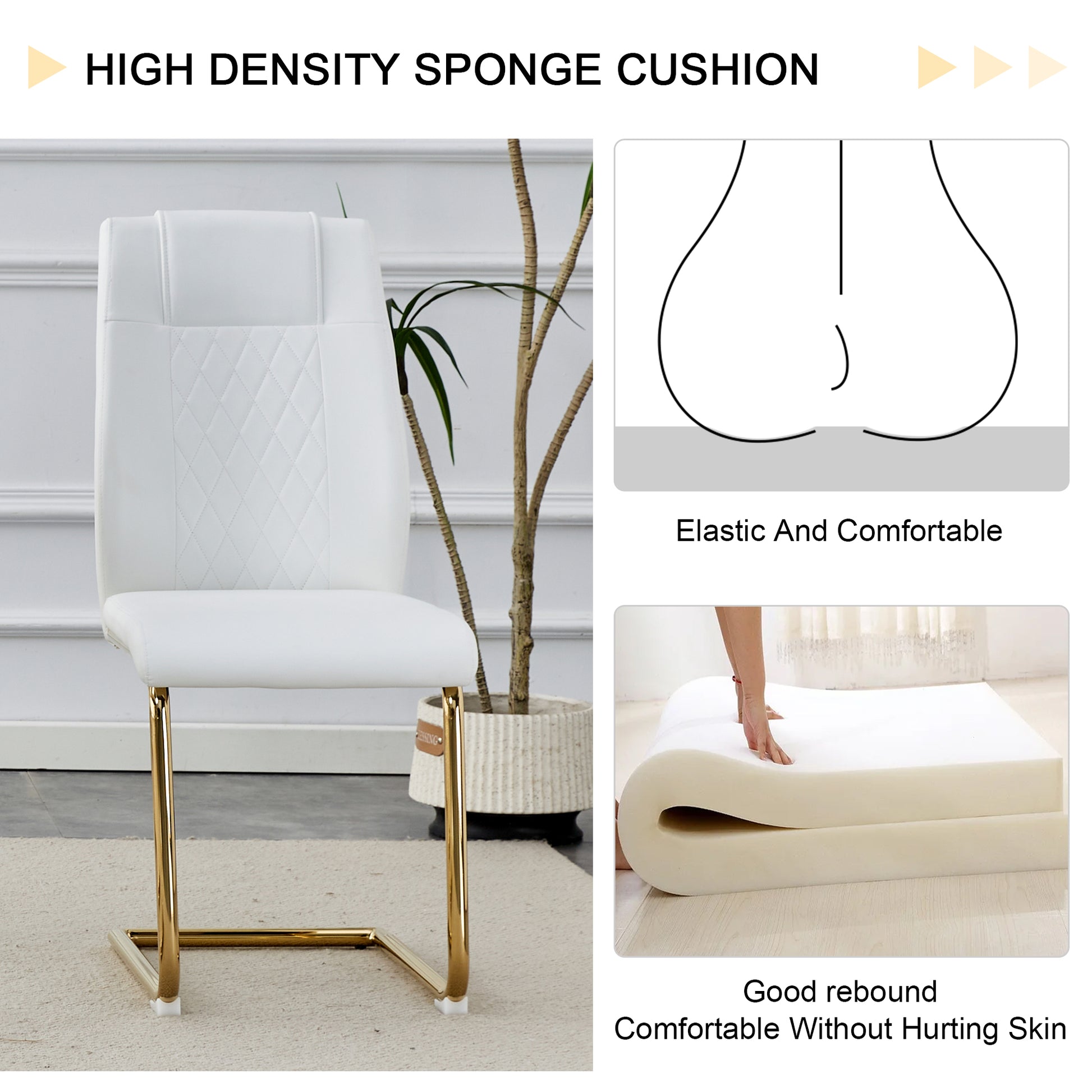 Table And Chair Set.Large Modern Rectangular Table With 0.4 Inch Patterned Glass Tabletop And Large Mdf Table Legs.Comes With 8 Chairs With Faux Leather Cushioned Seats And Golden Metal Legs. Gold White Seats 8 Mdf Glass