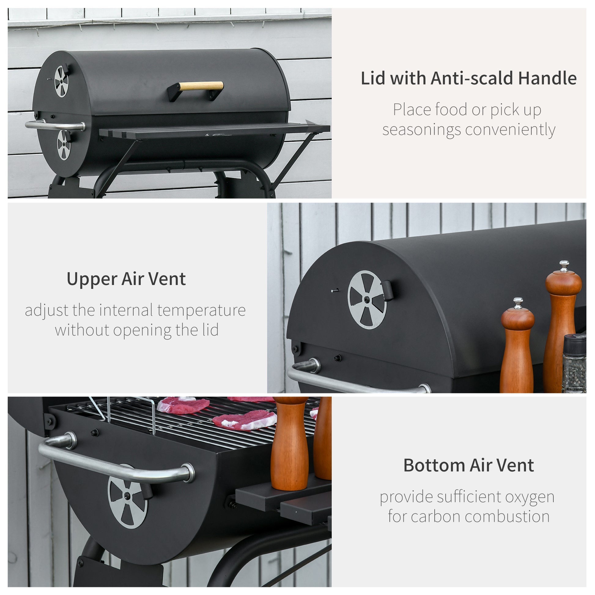 Outsunny 30" Portable Barrel Charcoal Bbq Grill, Steel Outdoor Barbecue Smoker With Storage Shelf, Wheels For Garden Camping Picnic, Black Black Carbon Steel