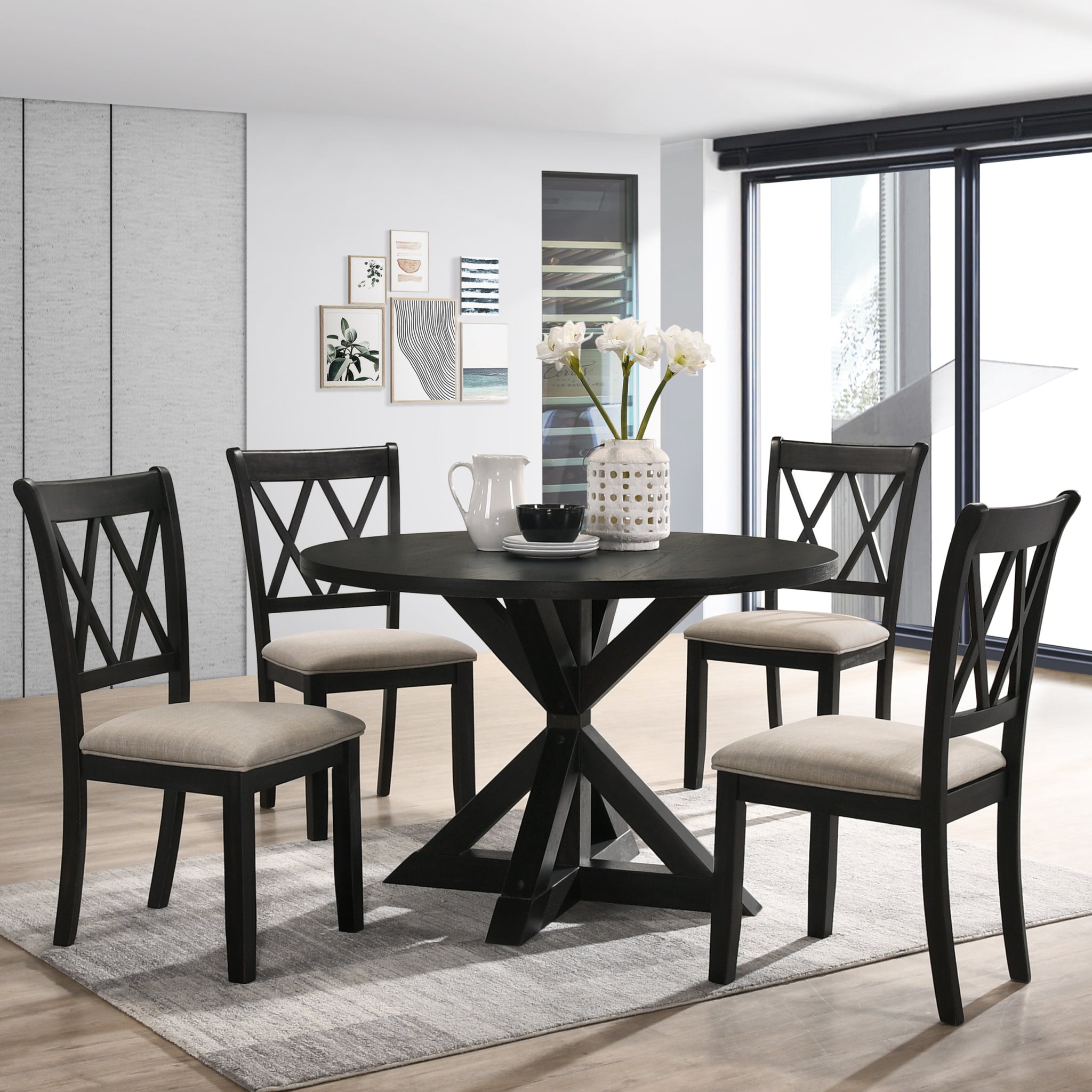 Indvale Cross Buck Wood 5 Piece Dining Set In Black Wood Dining Room Fixed Table Rubberwood Round Dining Table With Chair Wood Wood Black Seats 4 48 Inches Round Pedestal Solid Wood