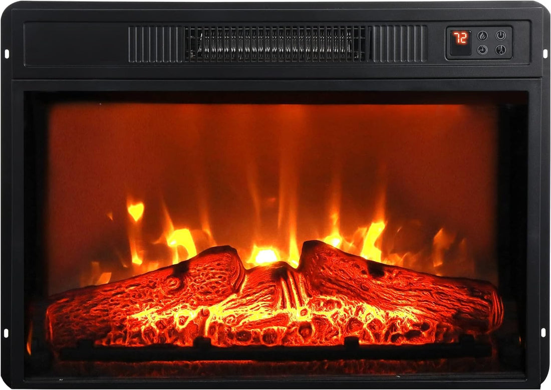 23" Electric Fireplace, 3Dinfrared Black Fireplace Electric Insert Heater, With Ir Remote Control, Glass View, Adjustable Realistic Logs & Flames, Indoor, 1400W Black Iron