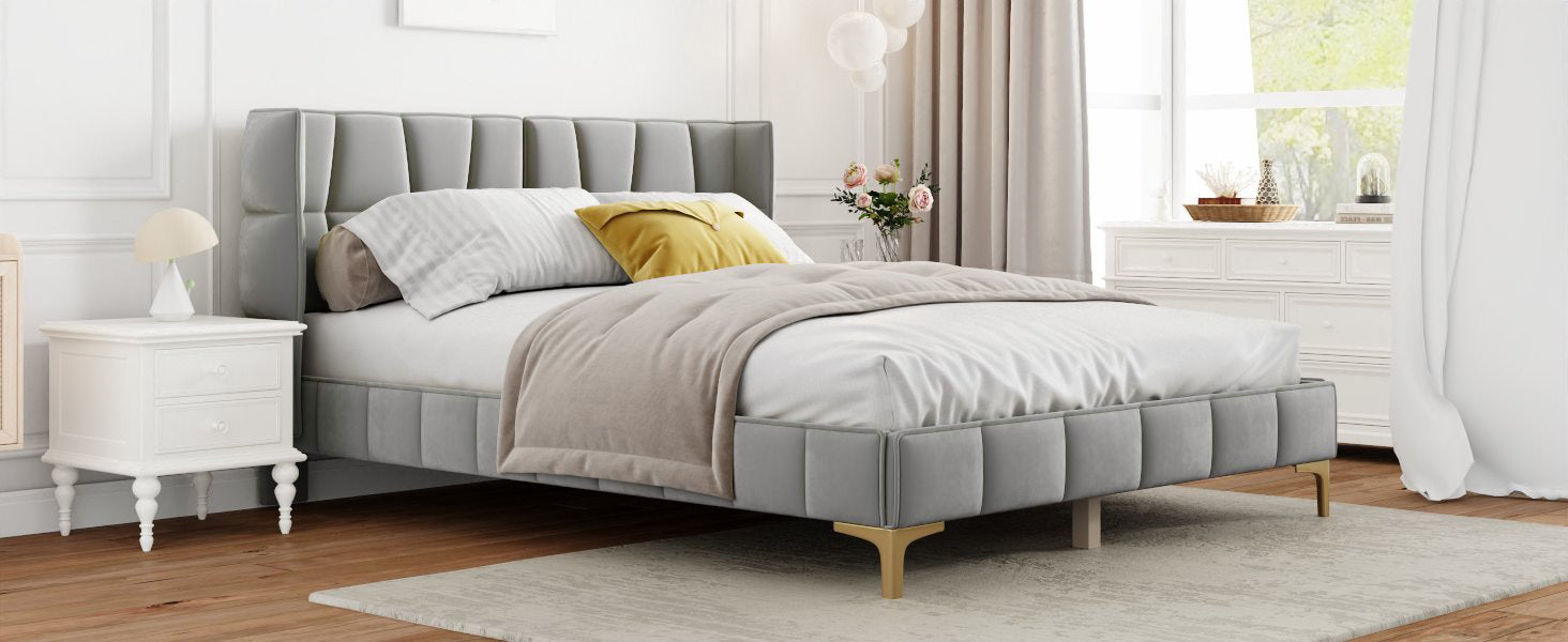 Queen Size Upholstered Velvet Platform Bed, Gray Box Spring Not Required Queen Gray Wood Bedroom Bed Frame Velvet Upholstered