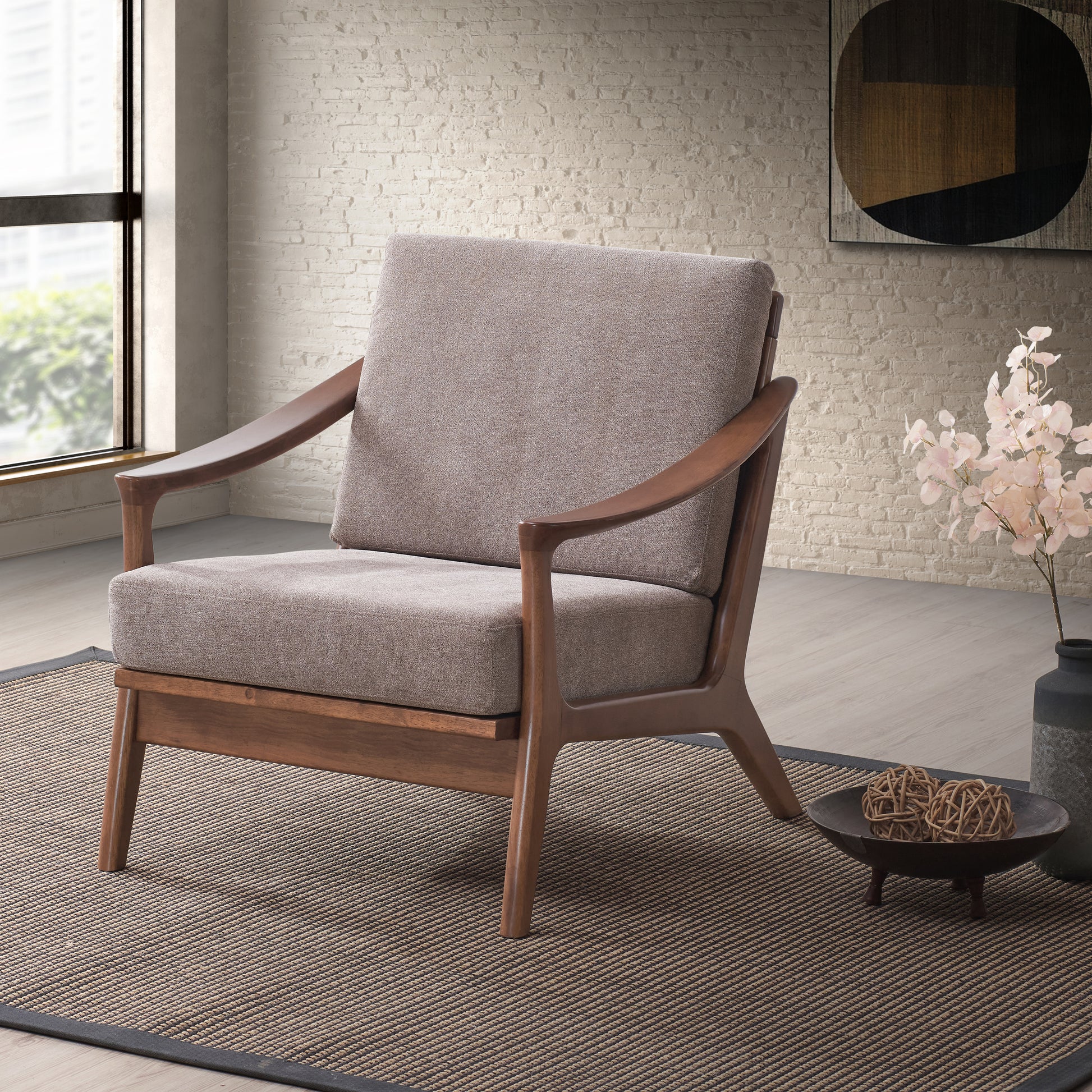 Light Brown And Brown Accent Chair With Removable Cushion Brown Primary Living Space Modern Wood Fabric
