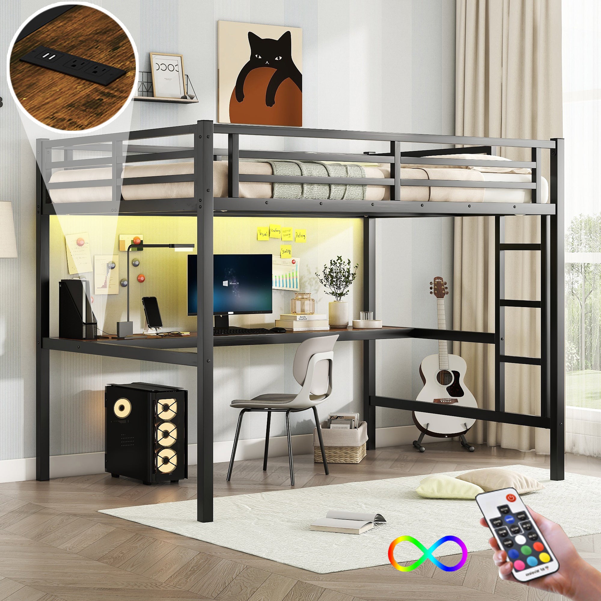 Metal Full Size Loft Bed With Power Outlet And Led Lighted, Space Saving, Noise Reduced, Black Full Black Metal