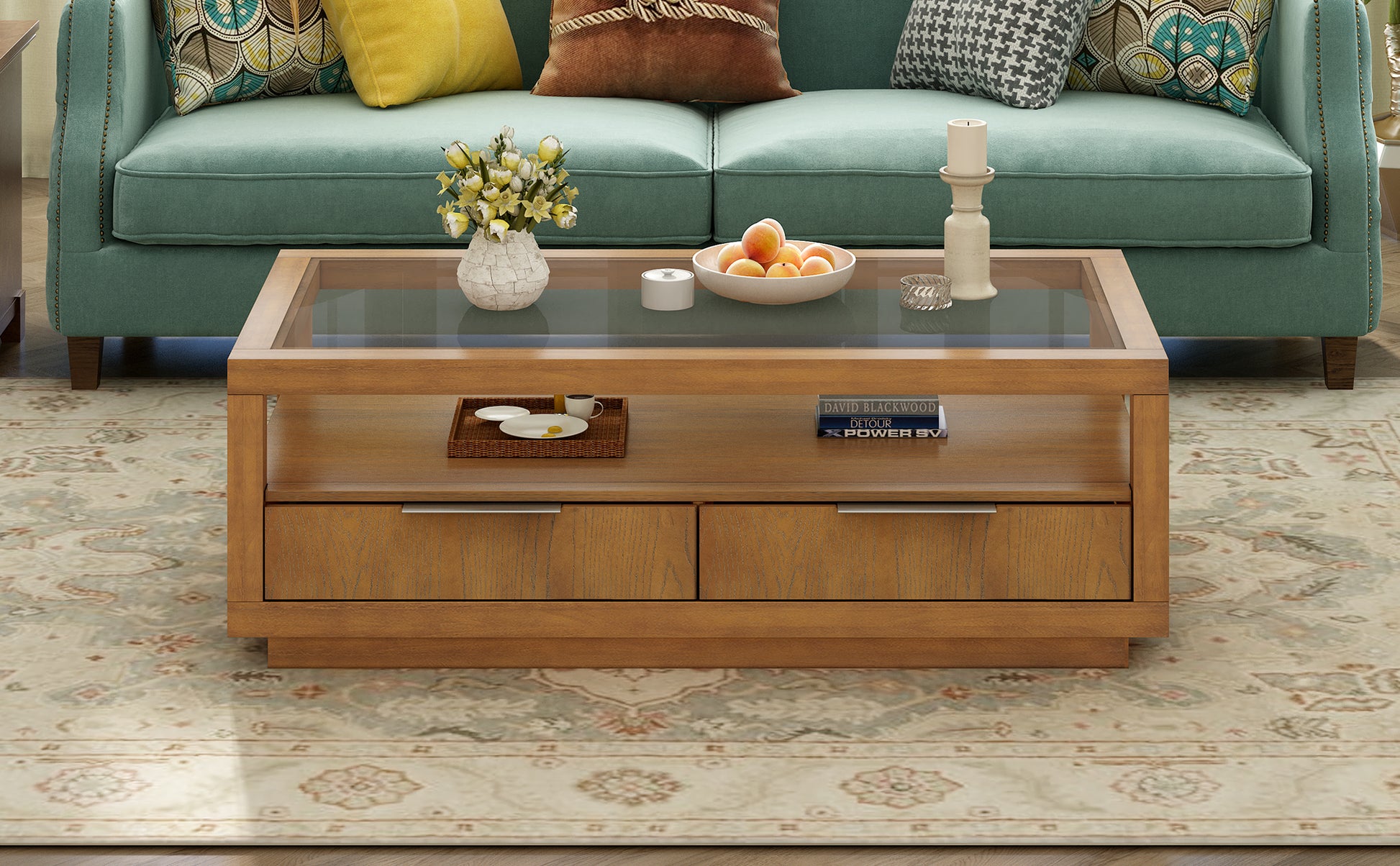 Modern Wood Coffee Table With 2 Drawers ,Minimalist Display Coffee Table With Transparent Tempered Glass, Open Storage Shelf For Living Room Brown Solid Wood Mdf