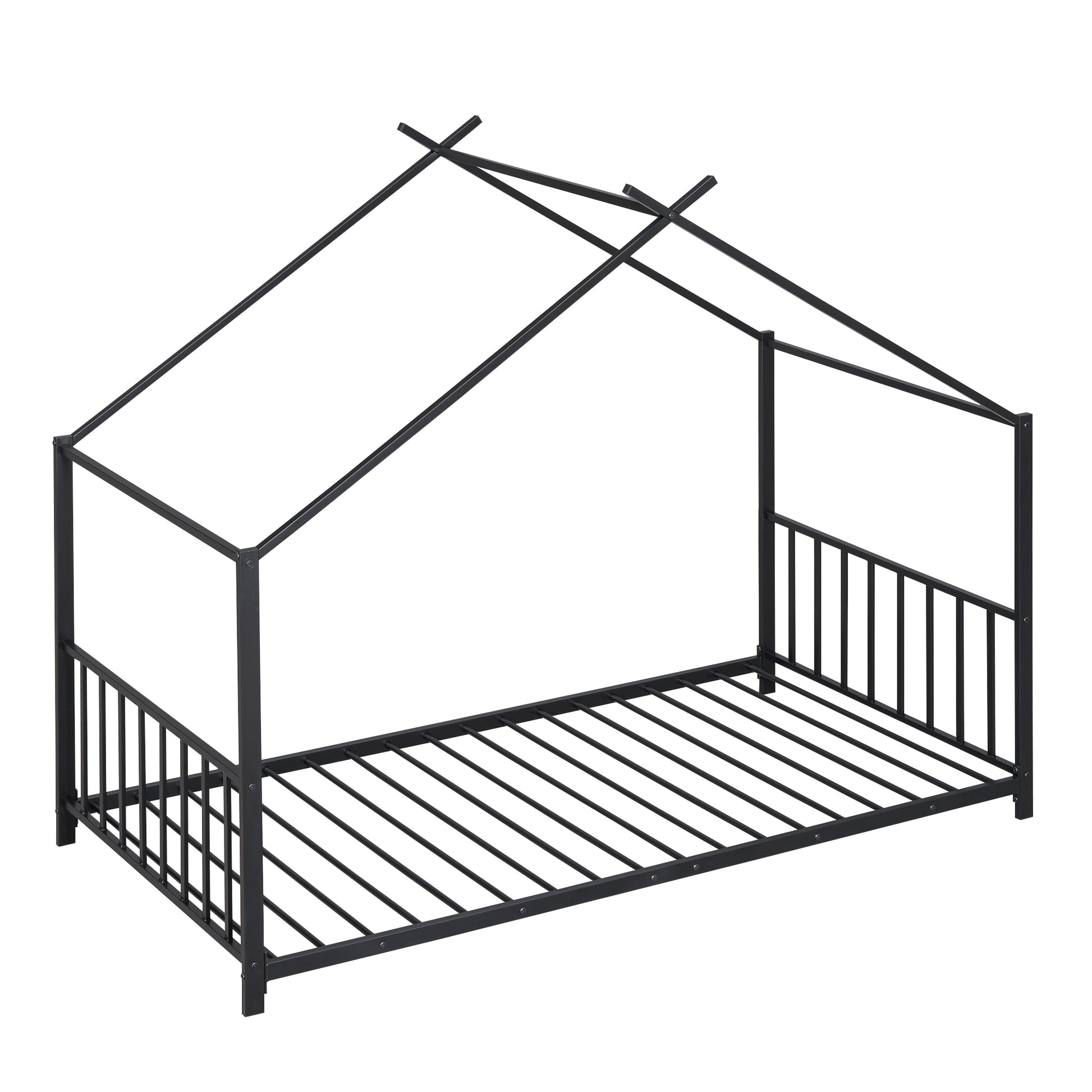 Twin Size Metal House Platform Bed, Black Box Spring Not Required Twin Black Metal Bedroom Bed Frame Metal