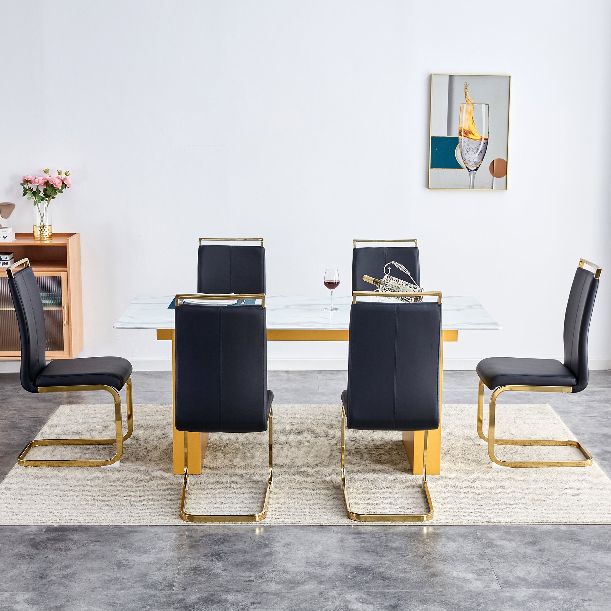 Table And Chair Set.Large Modern Rectangular Table With 0.4 Inch Patterned Glass Tabletop And Large Mdf Table Legs.Comes With 6 Chairs With Faux Leather Cushioned Seats And Golden Metal Legs. Gold White Seats 6 Mdf Glass