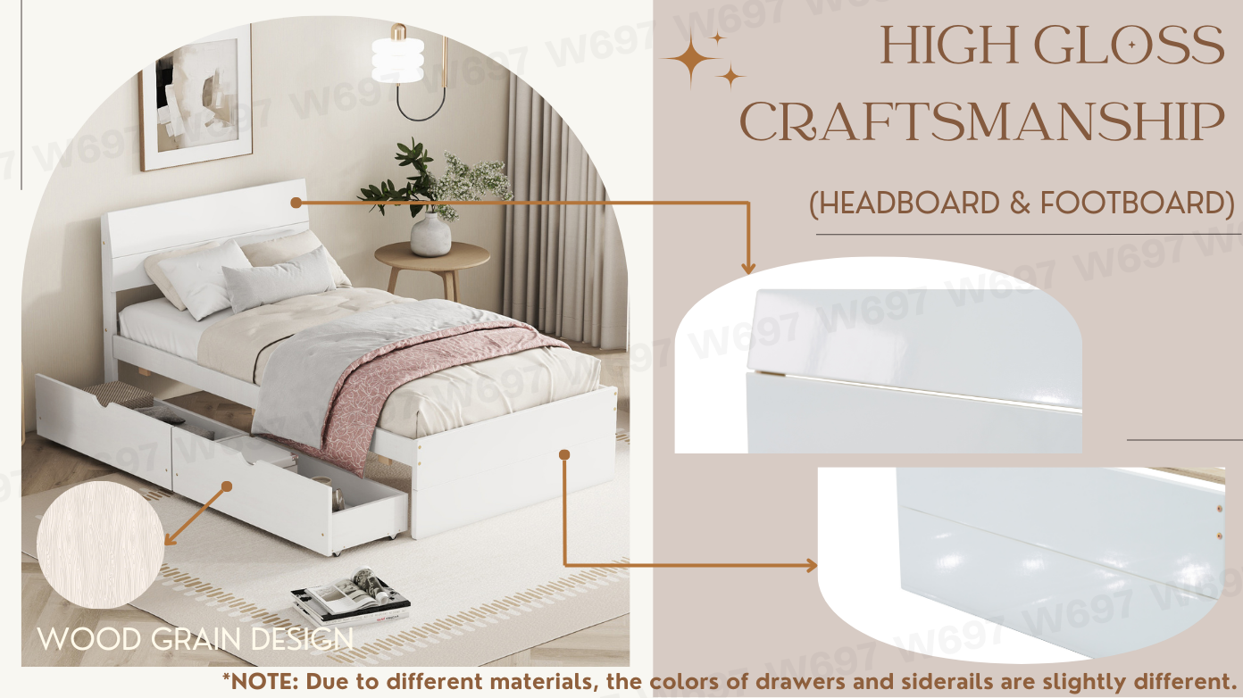 Modern Twin Bed Frame With 2 Drawers For White High Gloss Headboard And Footboard With Creamy White Color Box Spring Not Required Twin Creamy White,White Bedroom Bed Frame Mdf,Rubber Wood