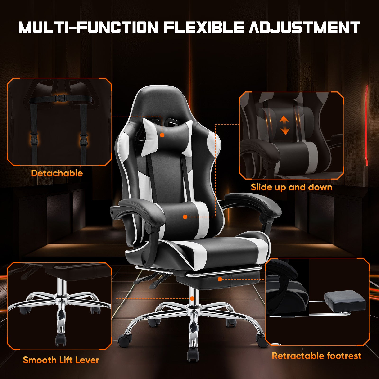 Video Game Desk Chair Ergonomic Computer With Footrest And Comfy Lumbar Support, Pu Leather Recliner With Headrest, Fixed Up Armrest, Height Adjustable With 360 Swivel, For Adults, White Black White Faux Leather