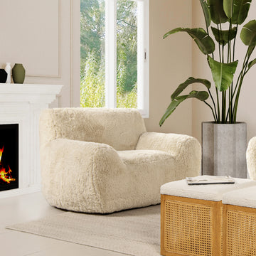 Summit 49" Faux Sheepskin Overstuffed Arm Chair, Cream Beige Faux Fur Cream Foam Faux Fur