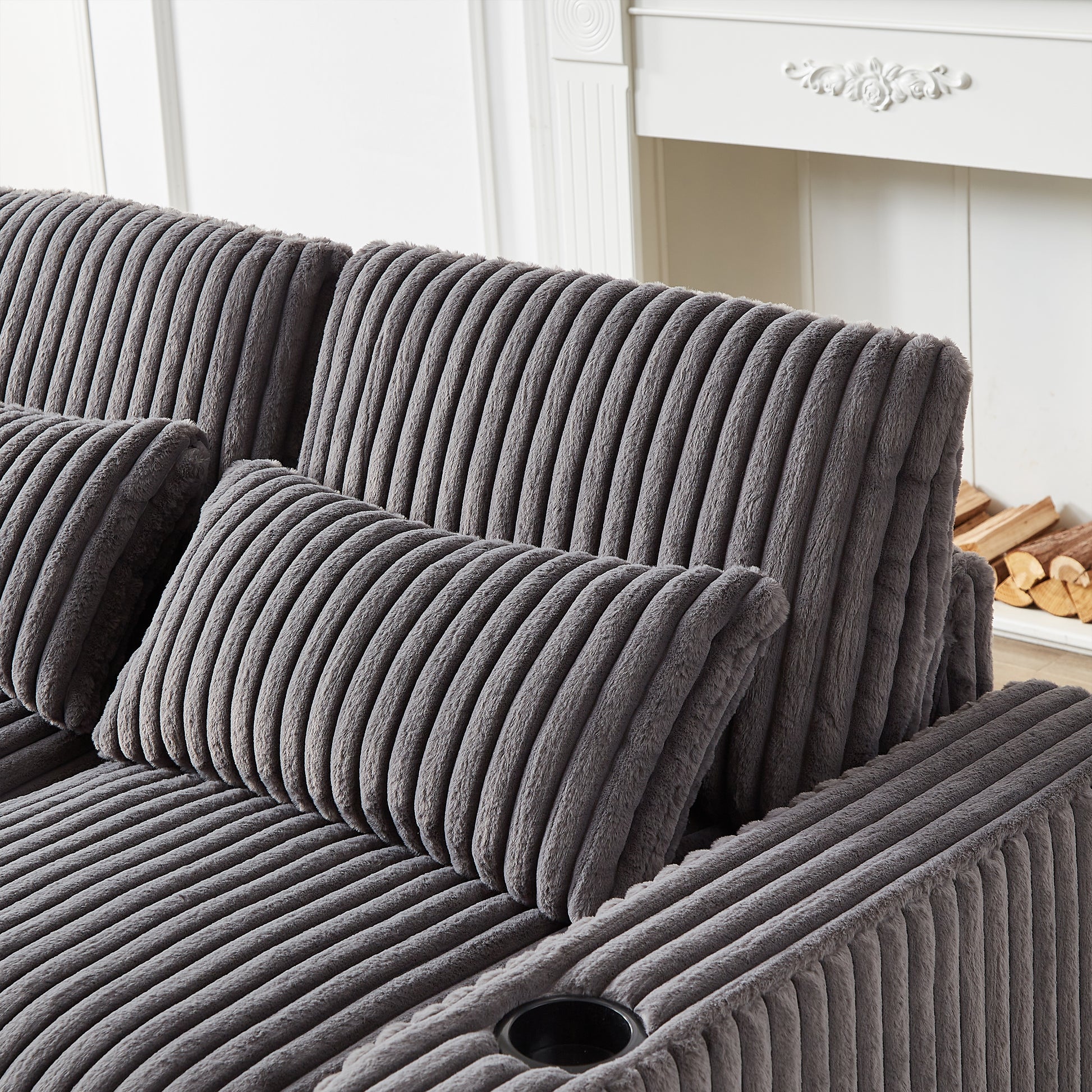 128 Inch Corduroy With Cup Holder Super Large L Shaped Sofa, Movable Footrest, Four Waist Pillows And Four Back Cushion, With Usb Port And T Pyce Port Grey Corduroy 4 Seat