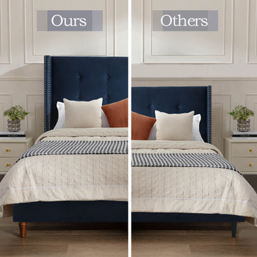 Peyton Upholstered Queen Bed 54" High Headboard Traditional Hand Buttoned Tufting Trim Wingback No Box Spring Needed Easy Assembly Blue Velvet Box Spring Not Required Queen Blue Metal Brown Bedroom Classic,European,Modern,Traditional Oak Bed Frame Foam