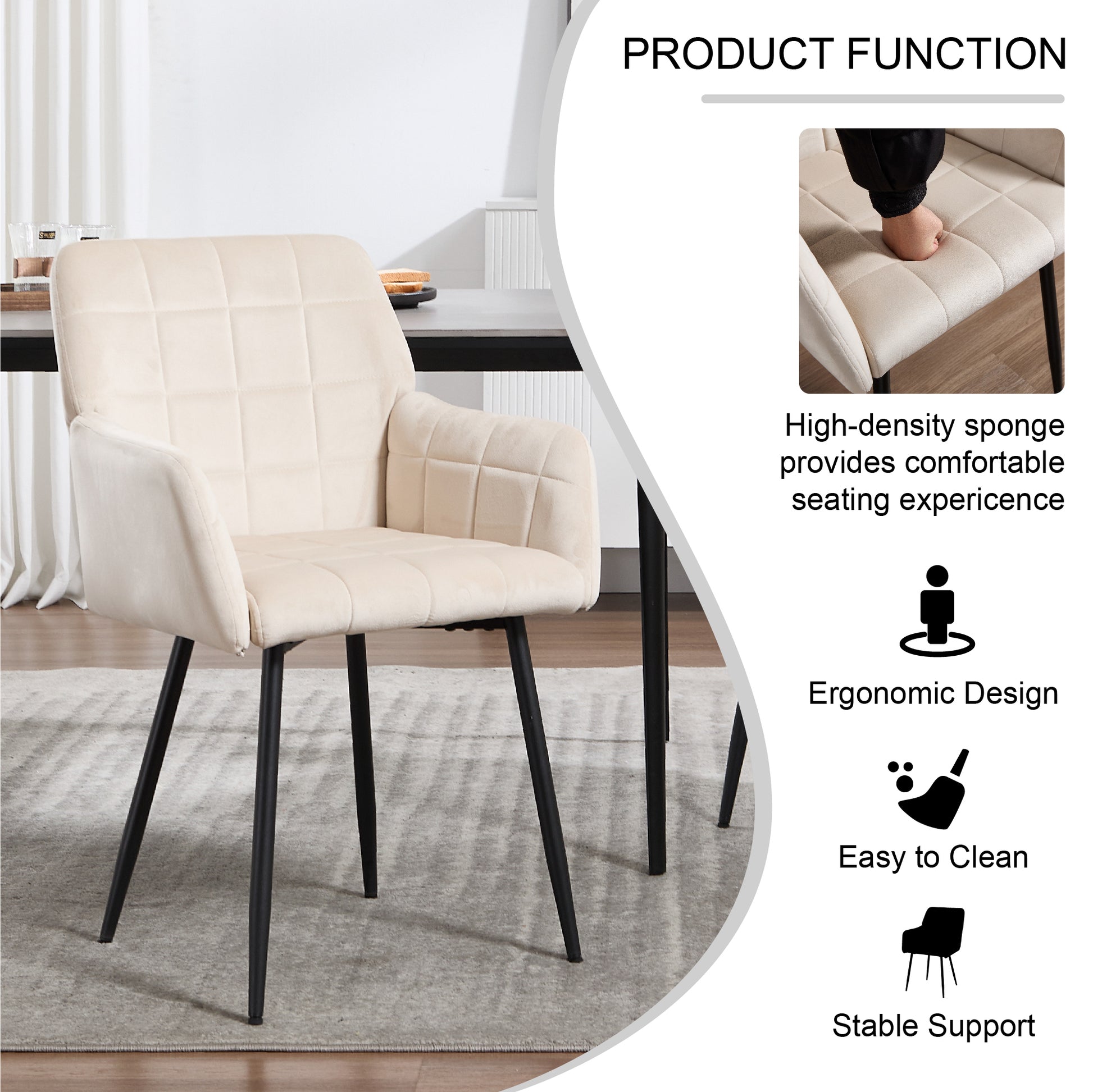 Dining Chairs Set Of 2, Upholstered Kitchen Chairs With Comfortable Seat, Velvet Dining Chairs With Armrests, Easy To Assemble And Clean, For Dining Room, Kitchen, Living Room, Cream Color Cream
