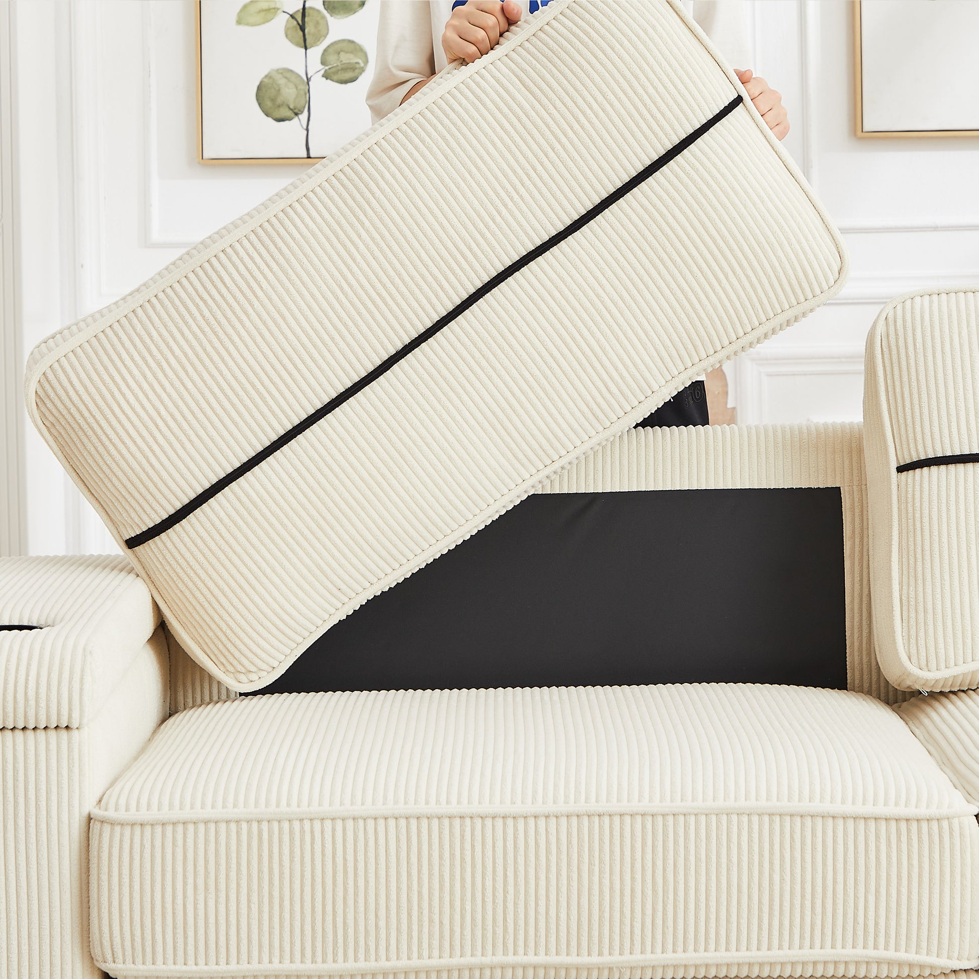 86.5 Inch Sofa Couch Deep Seat Sofa With Two Storage Spaces, T Pyce Charging Portsusb Charging Ports & 2 Cup ,Corduroy 3 Seater Couch, Modern Sofas For Living Room Beige Foam Corduroy 3 Seat