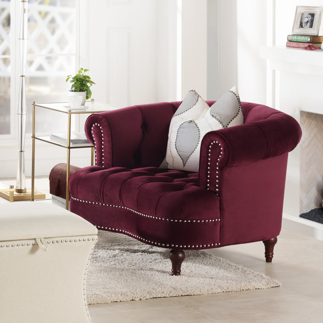 La Rosa Victorian Tufted Upholstered Accent Chair, Burdy Velvet Burgundy Foam Velvet