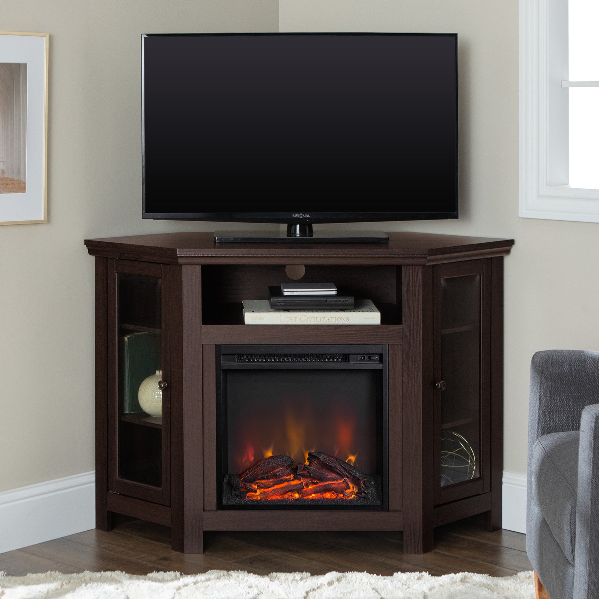 Classic Glass Door Fireplace Tv Stand For Tvs Up To 55" Espresso Espresso Mdf
