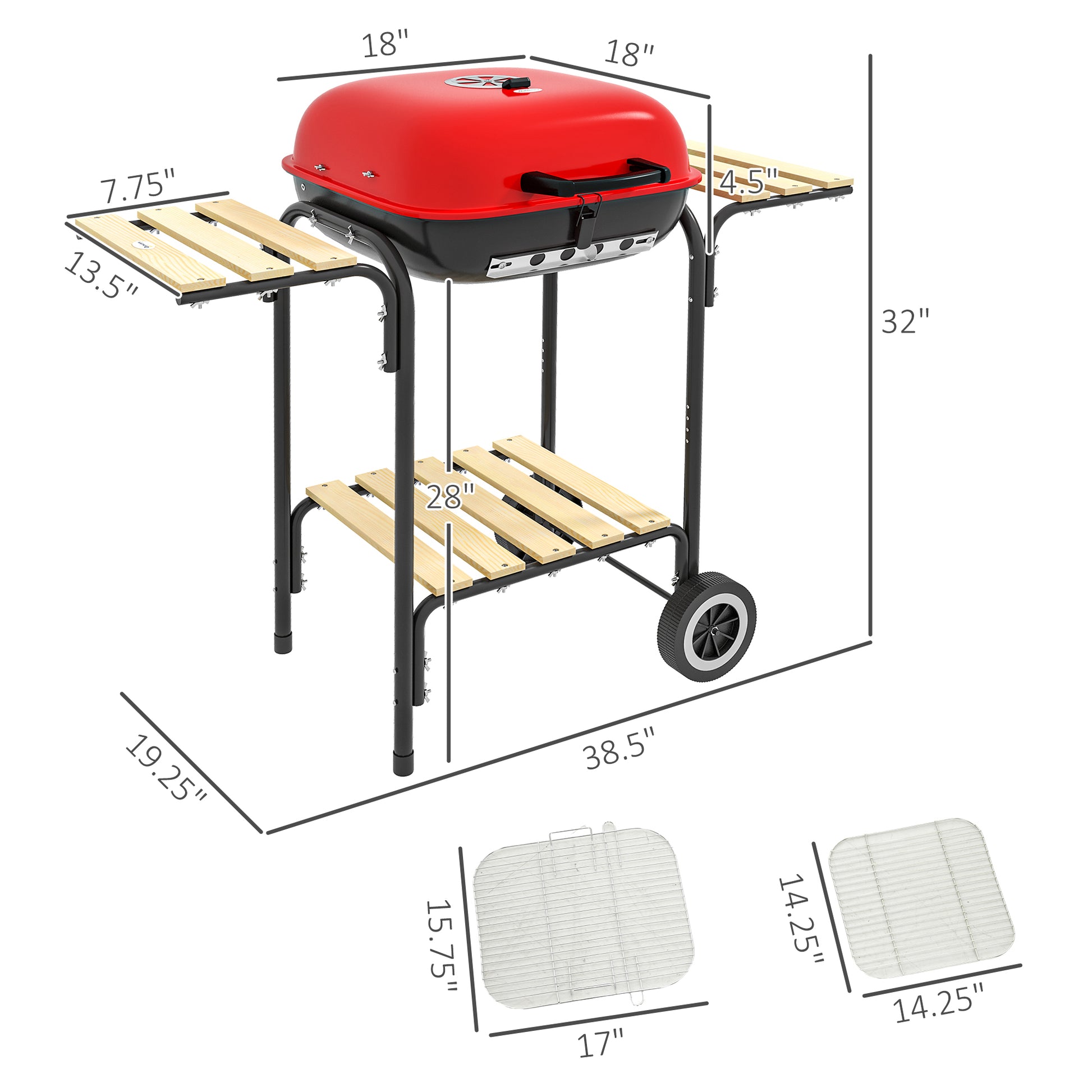 Outsunny 17" Portable Charcoal Grill With Wheels, 2 Side Tables And Bottom Shelf, Bbq With Adjustable Vents On Lid For Picnic, Camping, Backyard, Cooking, Red Red Steel