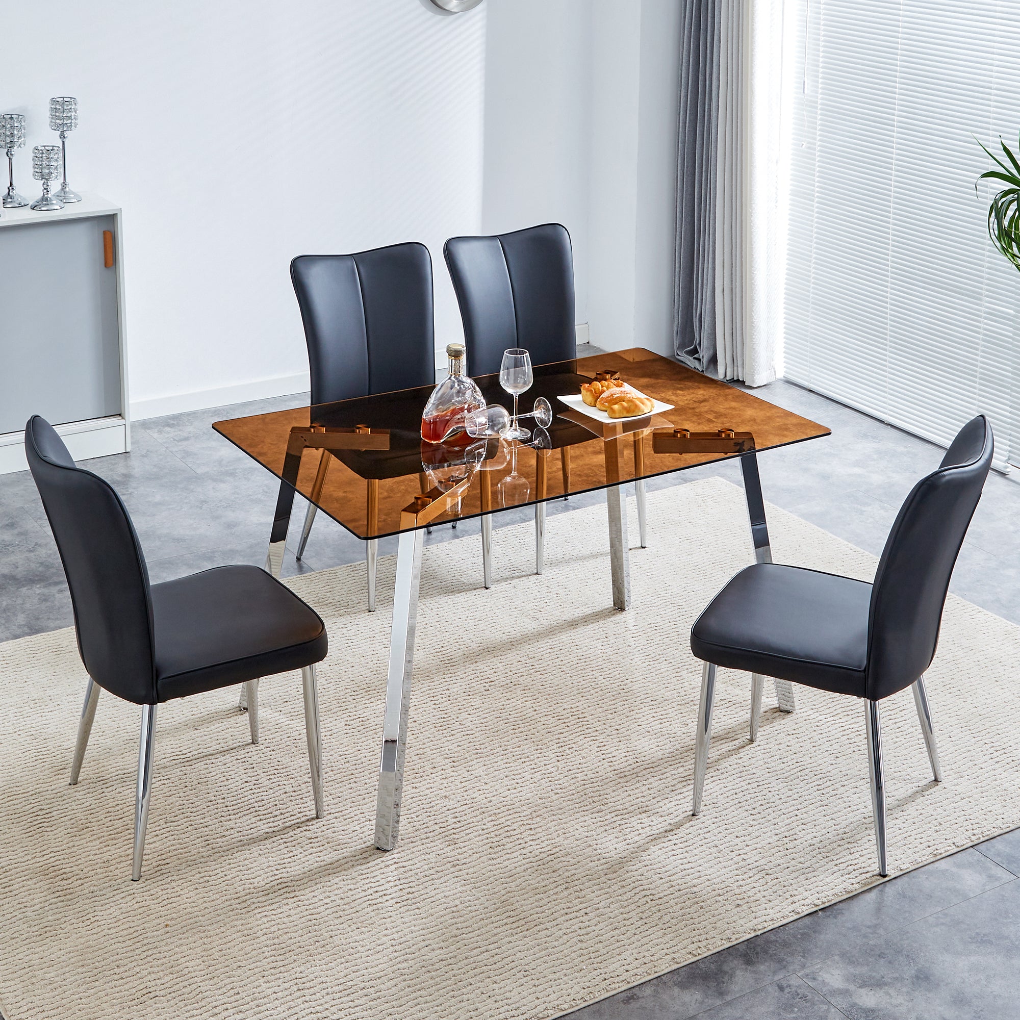 Table And Chair Set. Large Modern Rectangular Table With Brown Glass Top And Silver Metal Legs. It Comes With Soft And Comfortable Pu Seats, Faux Leather Upholstered Seats And Silver Metal Legs. Black,Brown Seats 4 Glass Metal