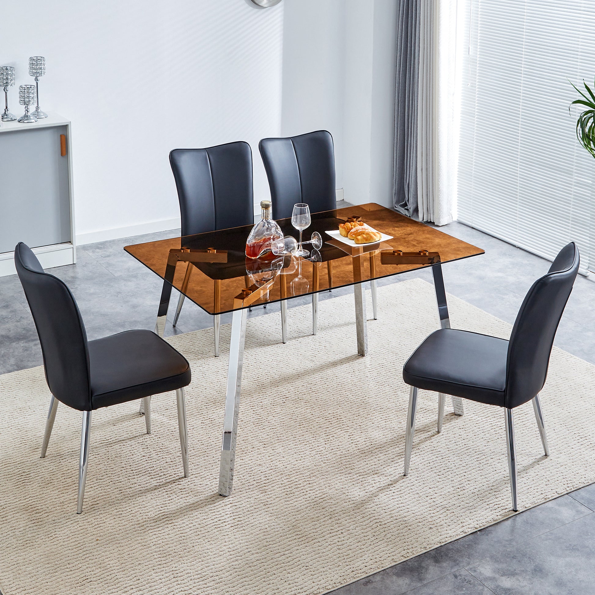 Table And Chair Set. Large Modern Rectangular Table With Brown Glass Top And Silver Metal Legs. It Comes With Soft And Comfortable Pu Seats, Faux Leather Upholstered Seats And Silver Metal Legs. Black,Brown Seats 4 Glass Metal