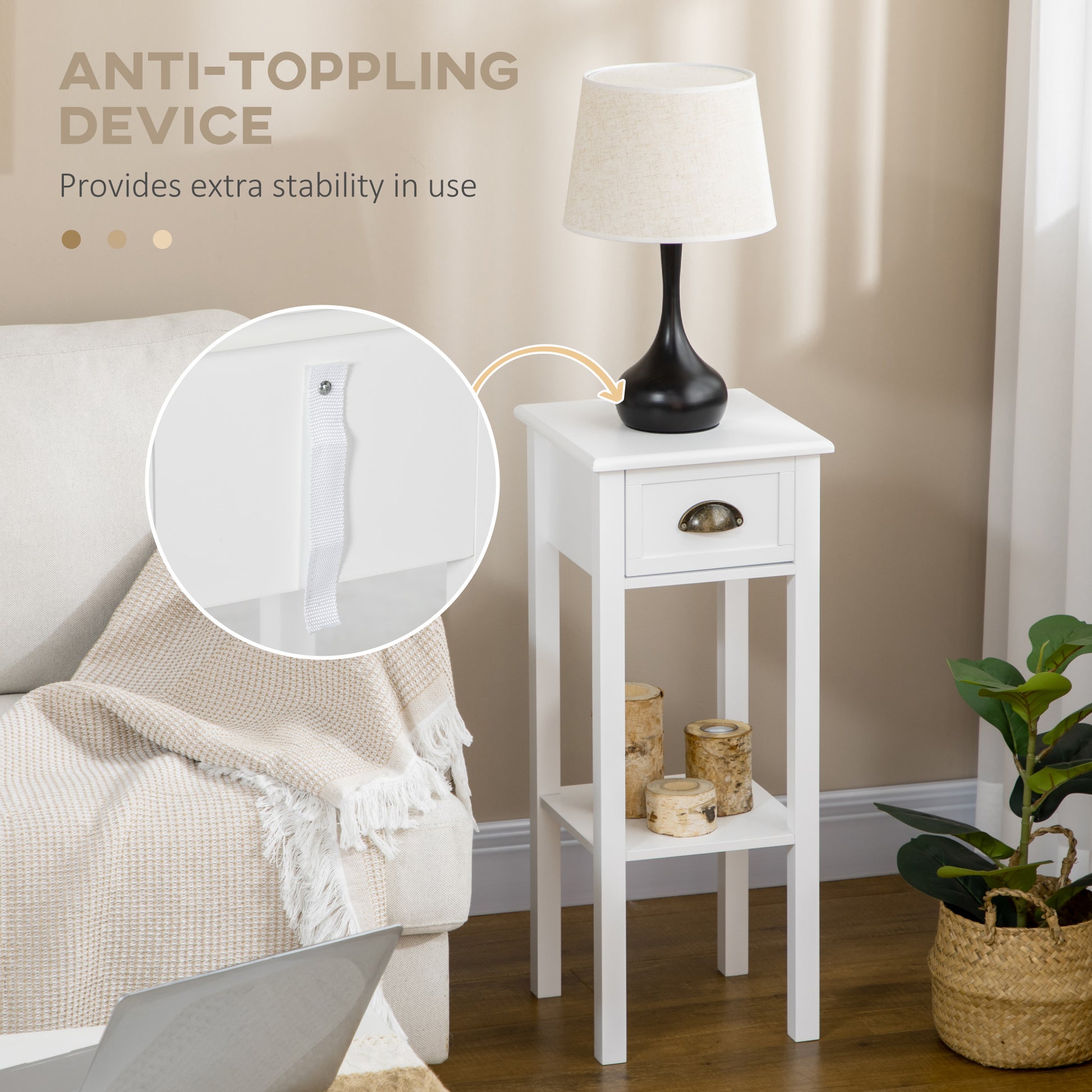 Homcom 2 Tier Side Table With Drawer, Narrow End Table With Bottom Shelf, For Living Room Or Bedroom, White White Mdf