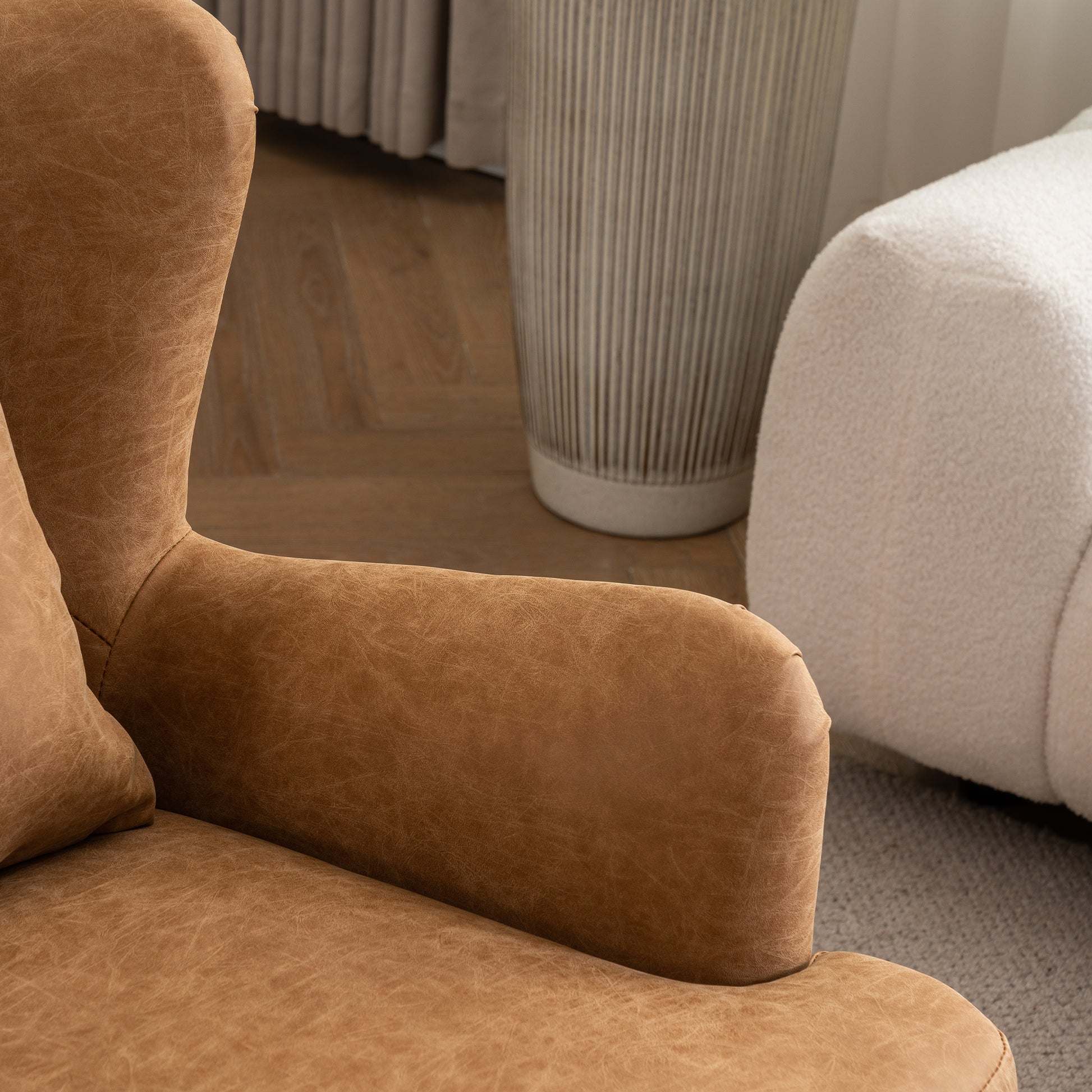 Synthetic Leather Upholstered Swivel Chair, 360 Swivel Comfort Round Armchair, Single Sofa Chair With Lounge Seat For Bedroom Office Reading Space, Set Of 1 ,Brown Yellow Brown Yellow Wood