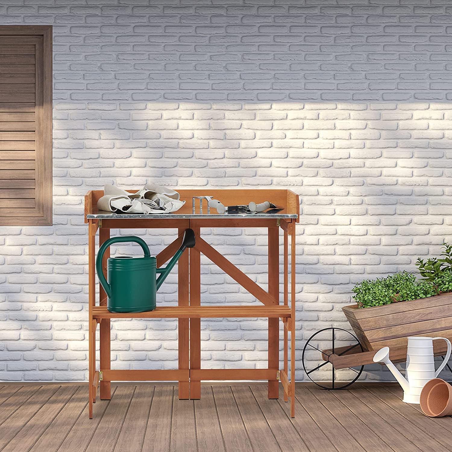 Folding Potting Bench Outdoor Solid Wood Foldable Garden Workbench Station For Planting Horticulture With Shelves Reddish Brown Solid Wood