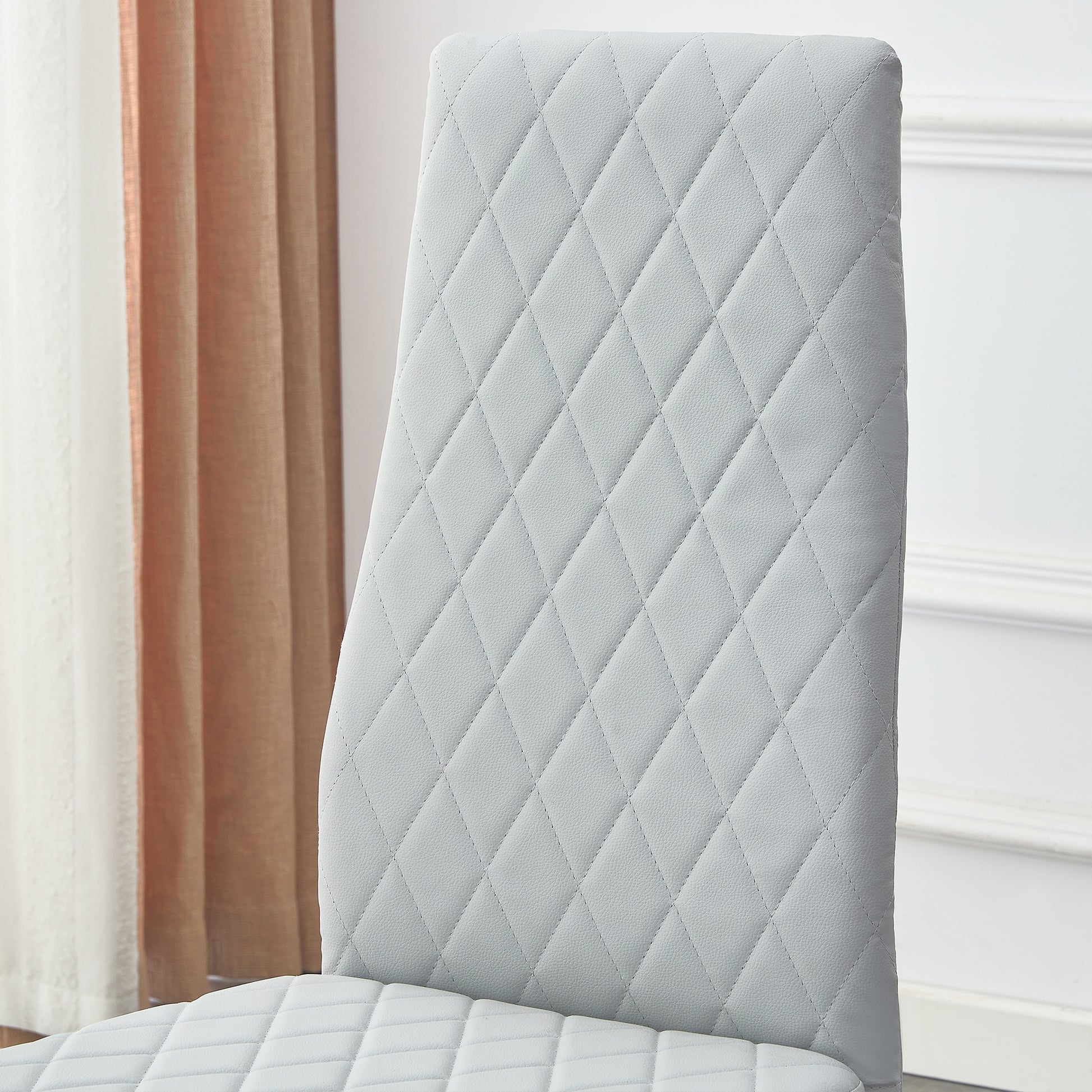 Table And Chair Set.Large Modern Rectangular Table With Brown Glass Top And Silver Metal Legs. Paired With 4 Light Gray Chairs With Checkered Armless High Back Pu Cushion And Silver Metal Legs. Light Gray,Silver Seats 4 Glass Metal