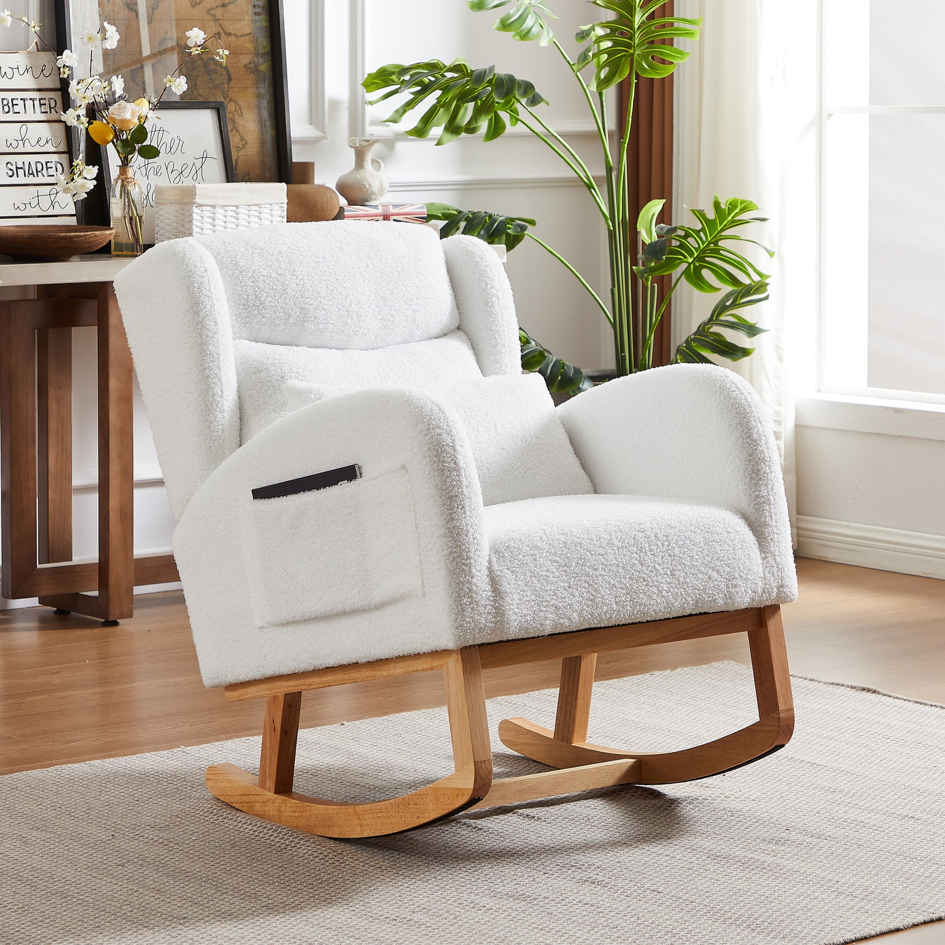 27.2"W Modern Accent High Backrest Living Room Lounge Arm Rocking Chair, Two Side Pocket Ivory Foam Fabric