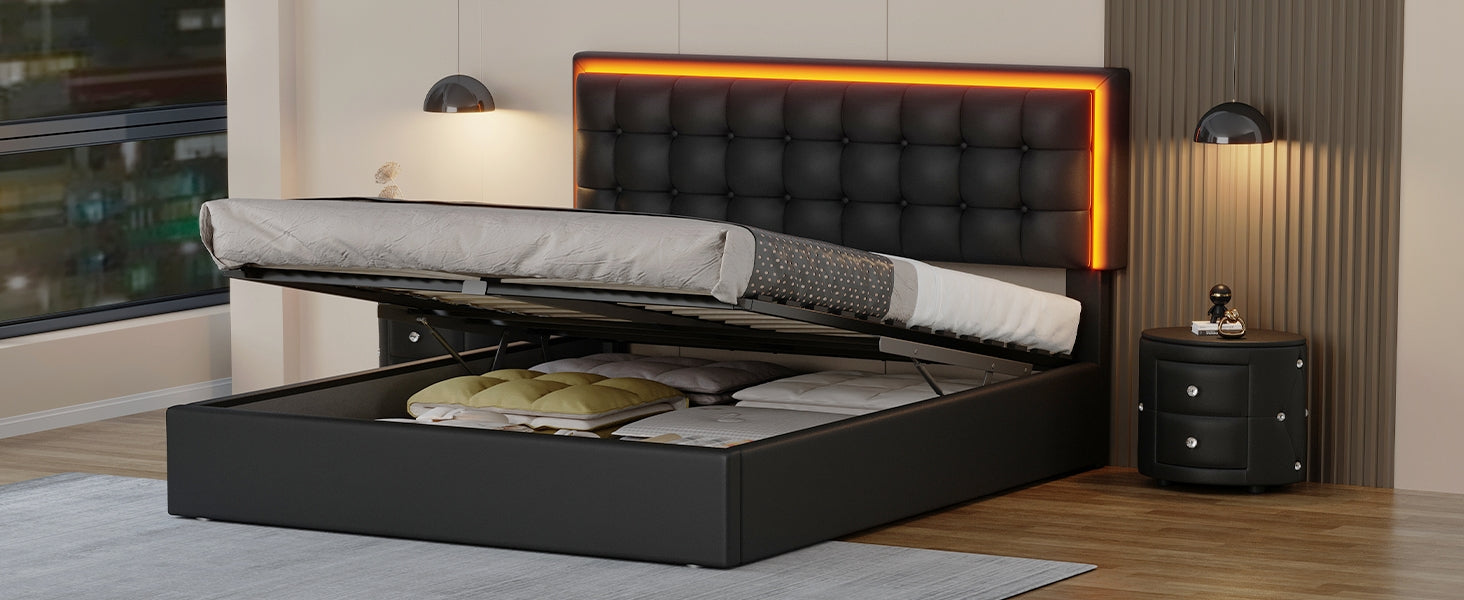 3 Pieces Bedroom Sets,Queen Size Upholstered Bed With Led Lights,Hydraulic Storage System, Two Nightstands With Crystal Decoration,Black Queen Black 3 Piece Set Wood