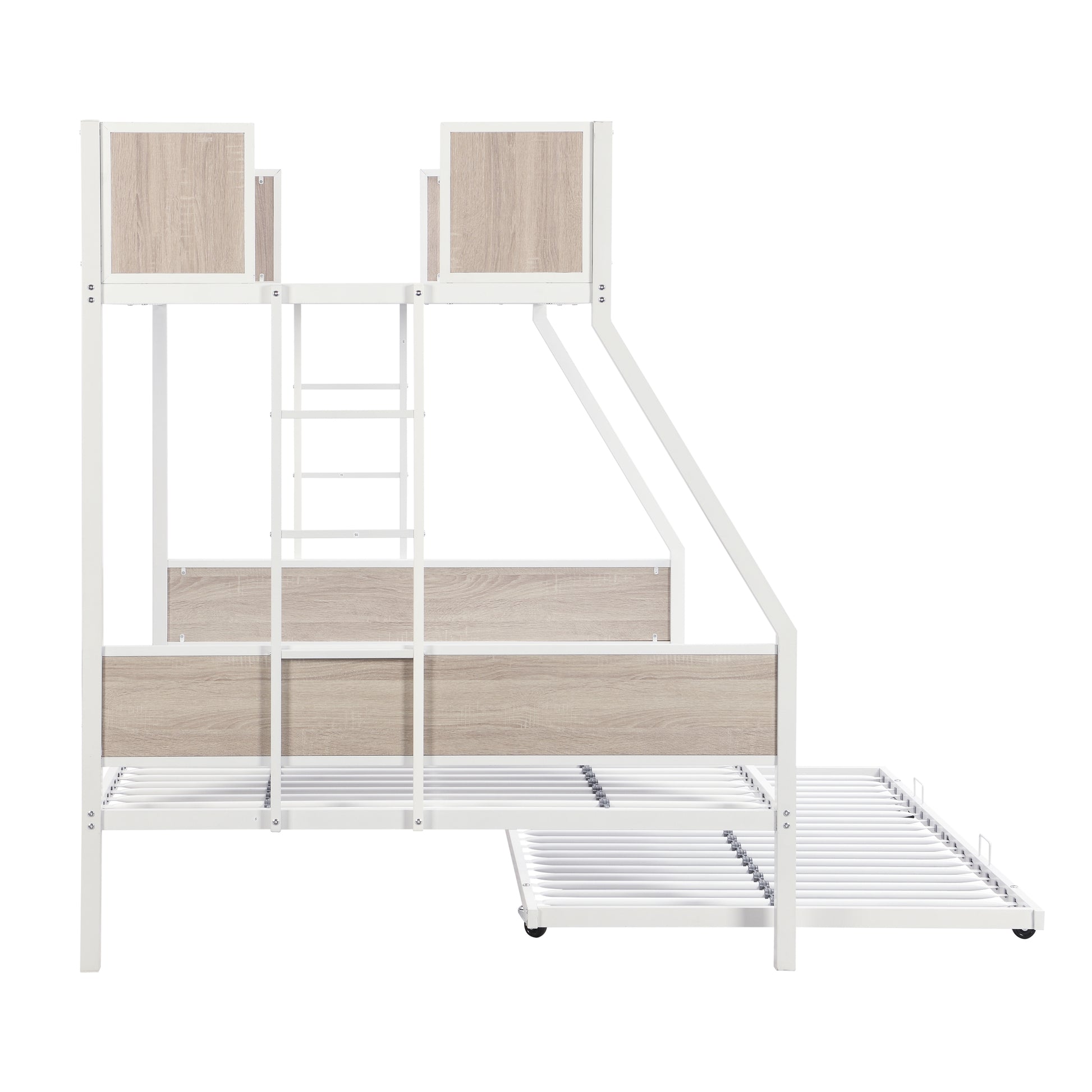 Twin Over Full Metal Bunk Bed With Trundle 2 Side Ladder And Full Length Guardrail, No Box Spring Needed, Large Under Bed Storage, Easy Assemble Full Brown White Mdf Metal