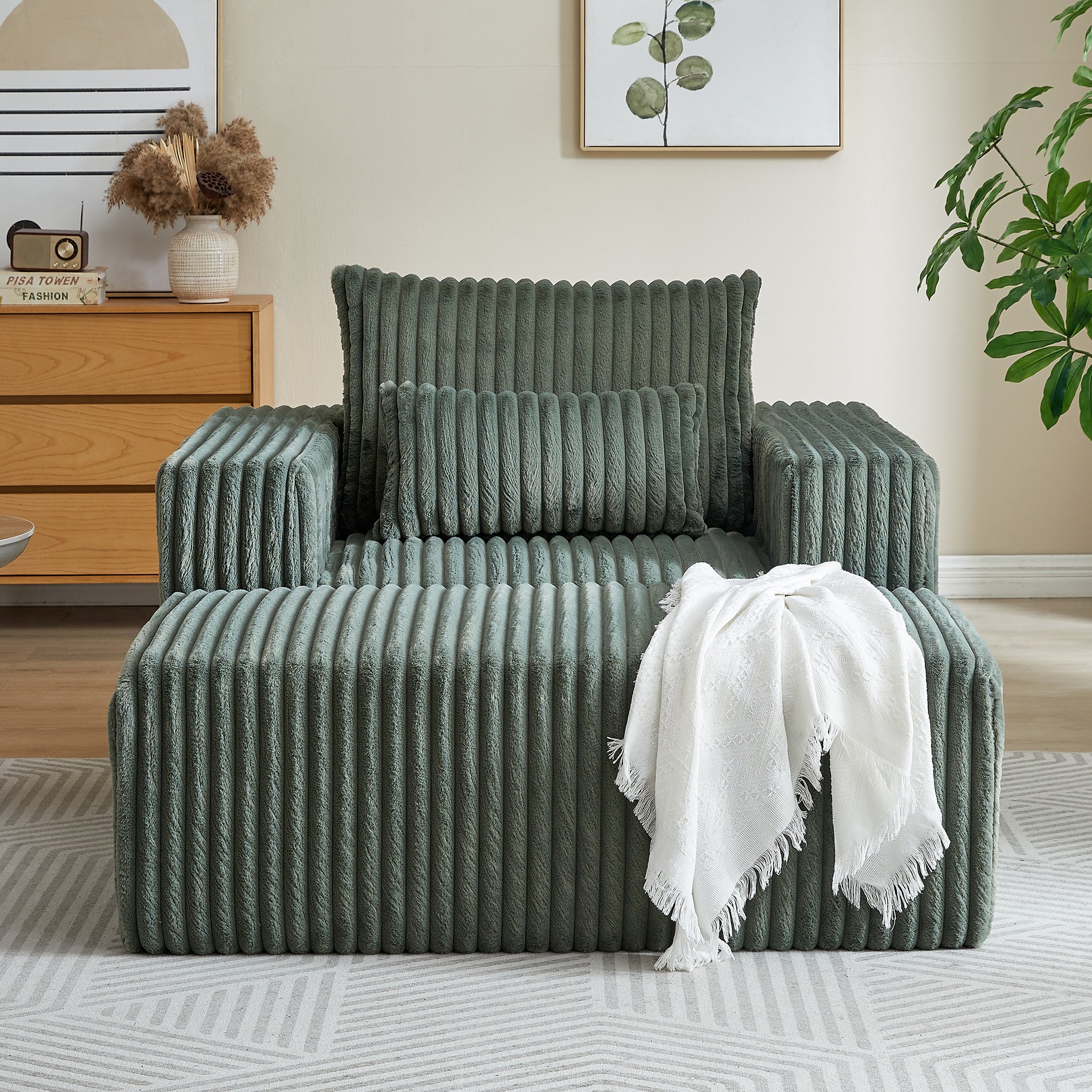 62.5 Inch Corduroy Sponge Sofa Lounge Chair With Removable Footrest,No Assembly Required,Fluffy Modern Sleeper Chair For Indoor Living Room Bedroom Army Green Foam Corduroy 1 Seat