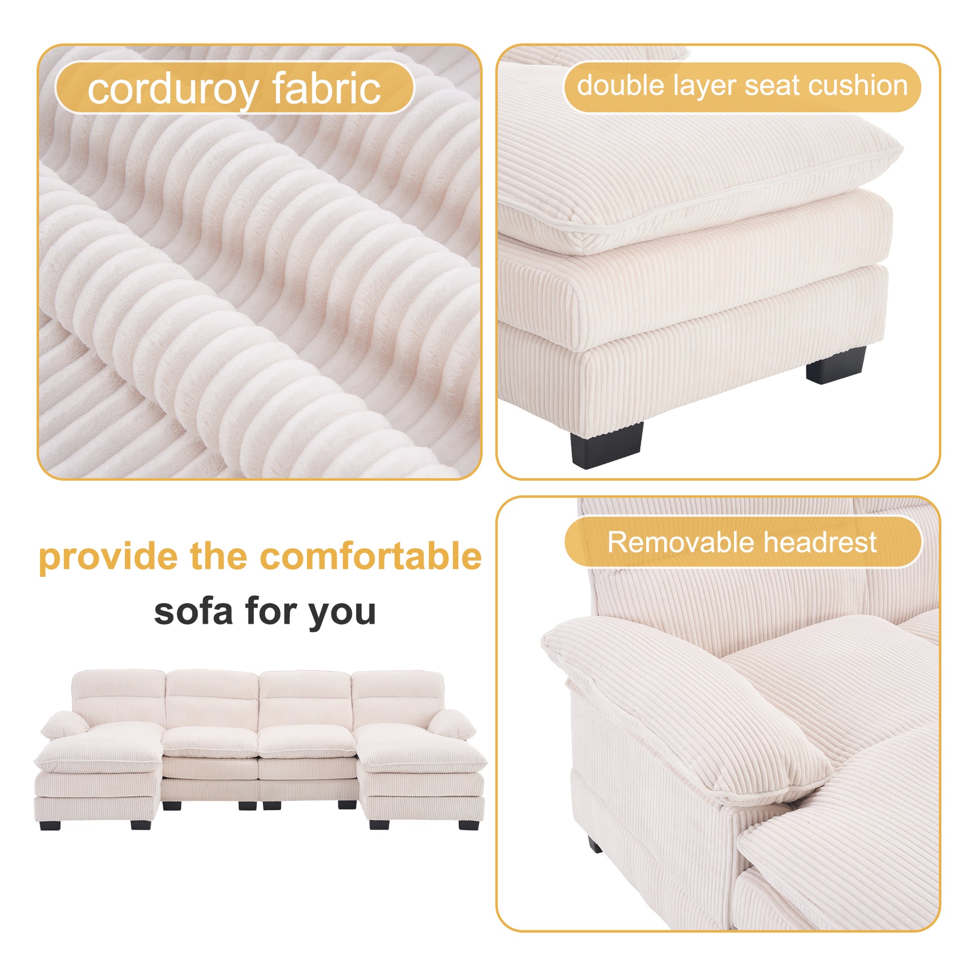 U Shaped Profile Sofa, Including Two Single Seats And Two Chaise, Modular Sofa, Corduroy Sofa White Foam Corduroy 4 Seat
