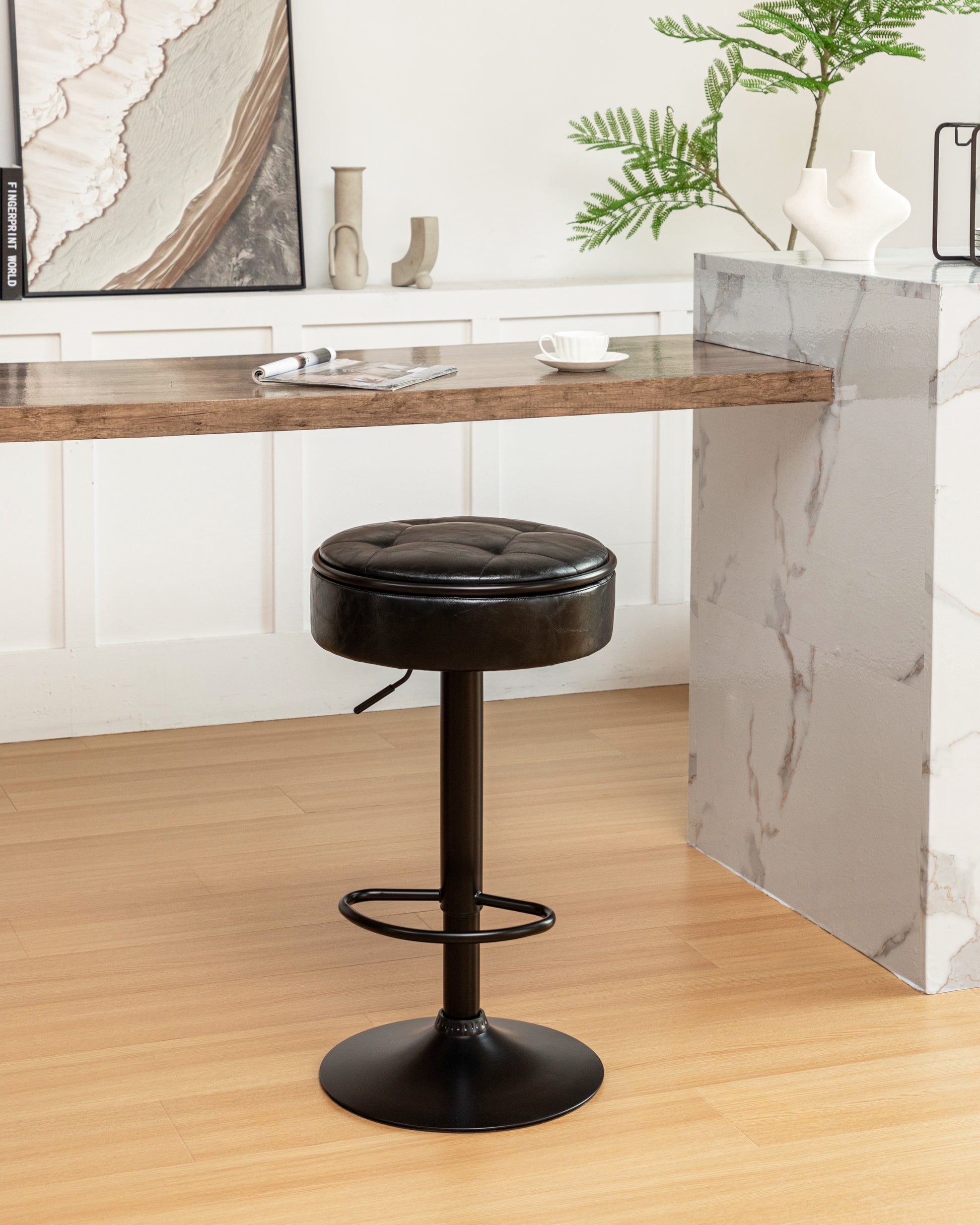 Round Storage Bar Stool Set Of 2, Black Faux Leather Height Adjustable Barstool, 360 Counter Height Swivel Stool, Armless Bar Chair With Metal Frame For Kitchen Counter Dining Living Room Black Set Of 2 Foam Pu Leather