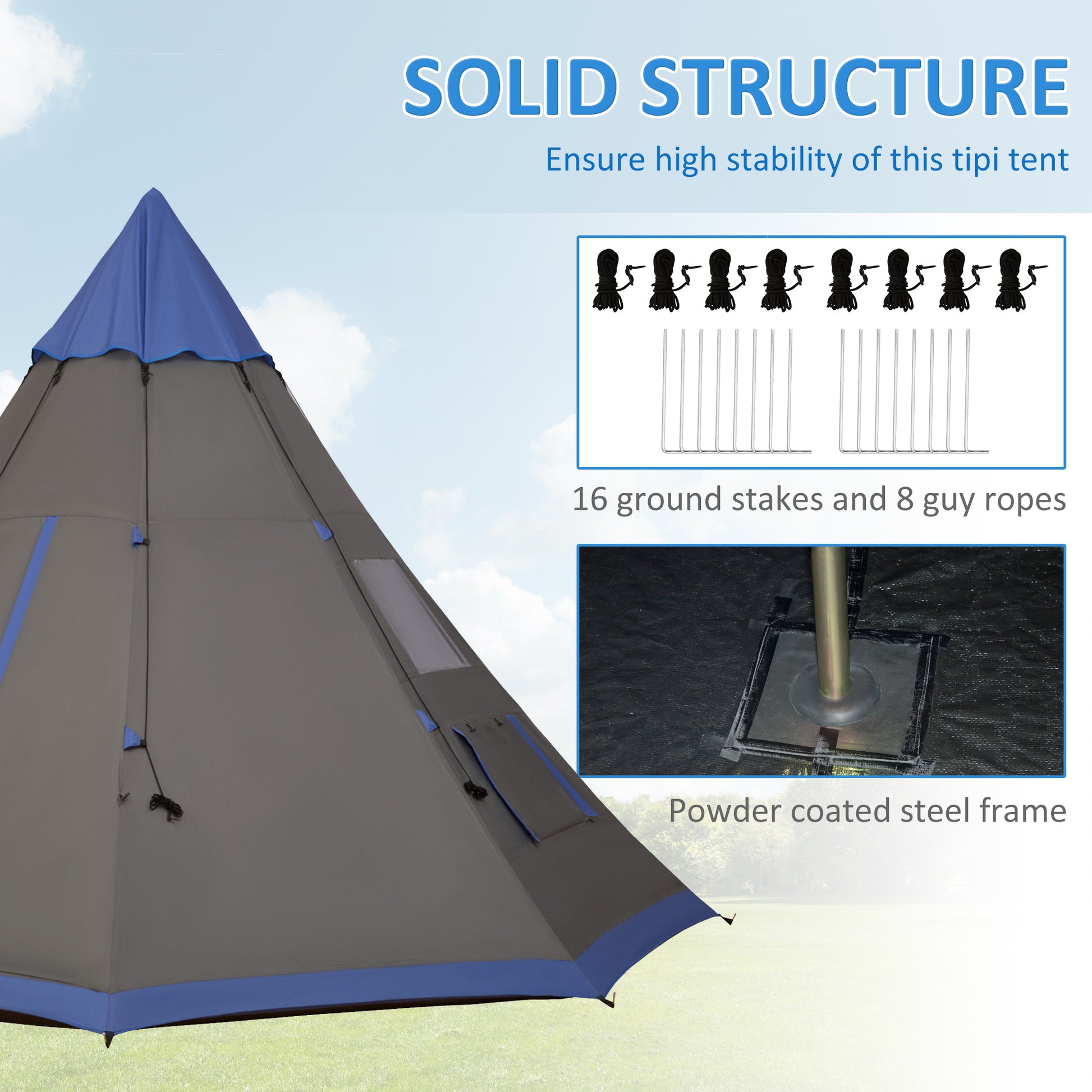 Outsunny 12Ft Camping Tent 6 7 Person 4 Season With 8 Mesh Windows, Outdoor Teepee Tent With Waterproof Material For Family And Friends Camping Blue Polyester